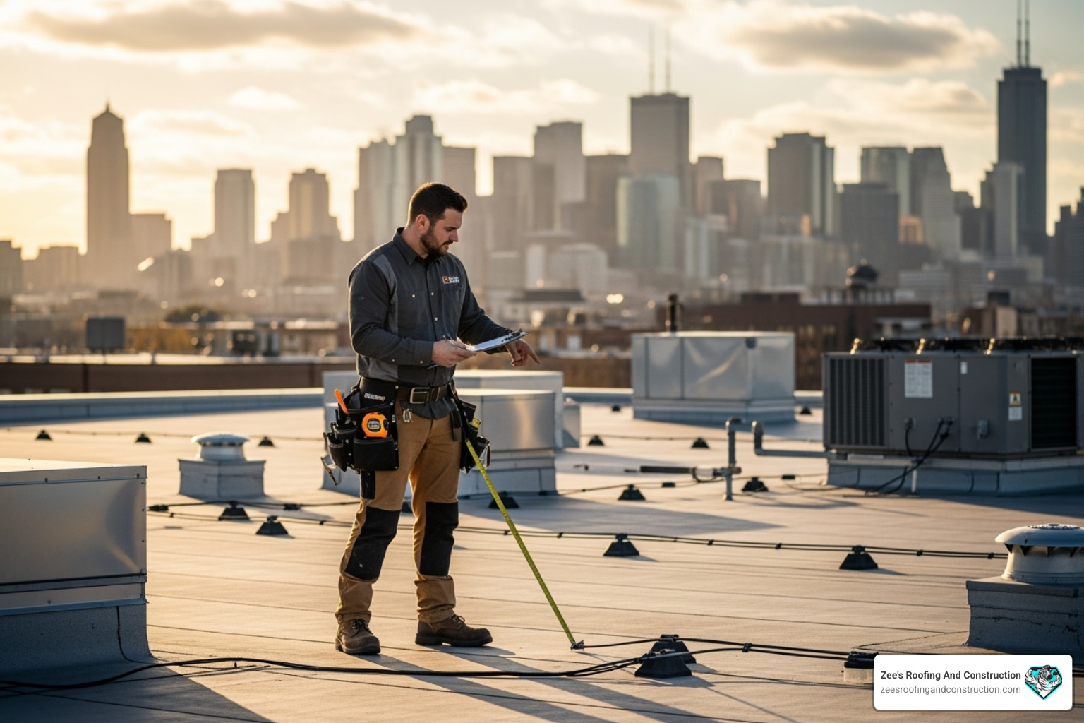 certified roofer inspecting large commercial roof - commercial roofing orlando