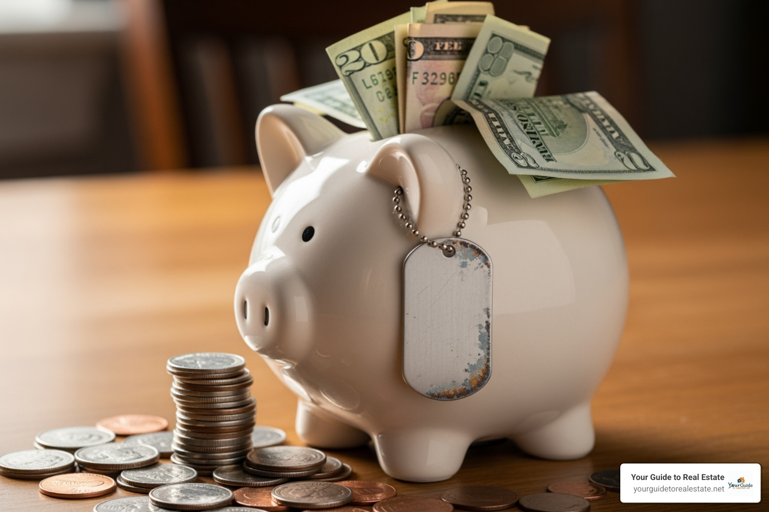 a piggy bank with a military tag, overflowing with saved money - VA loan benefits