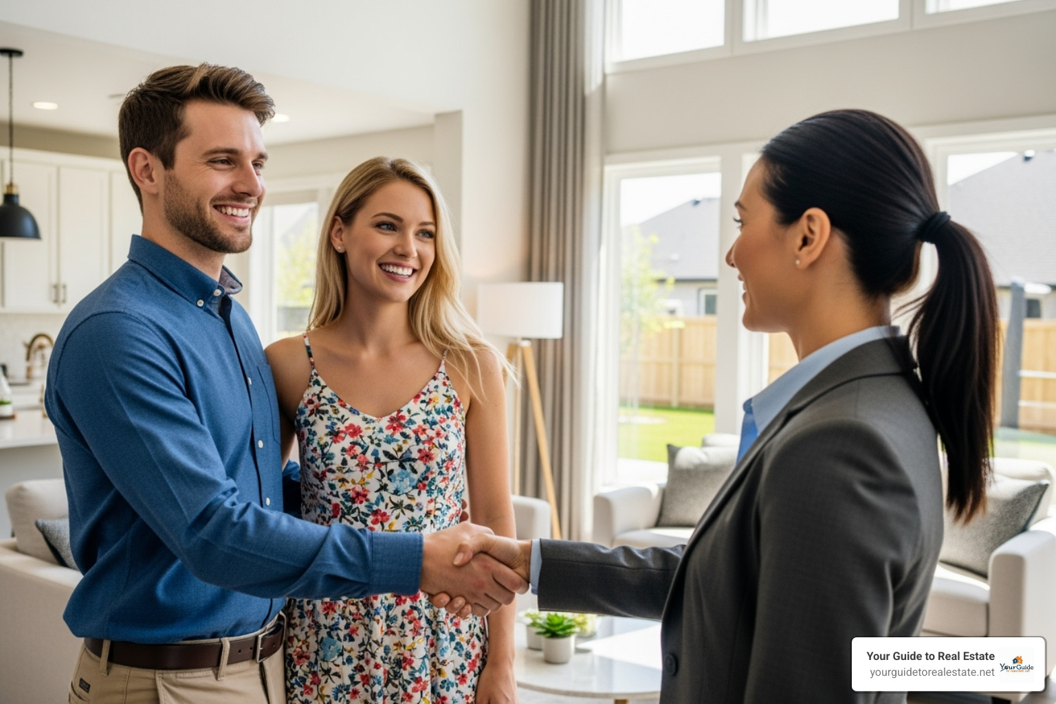 Happy couple with real estate agent - Questions to ask realtor