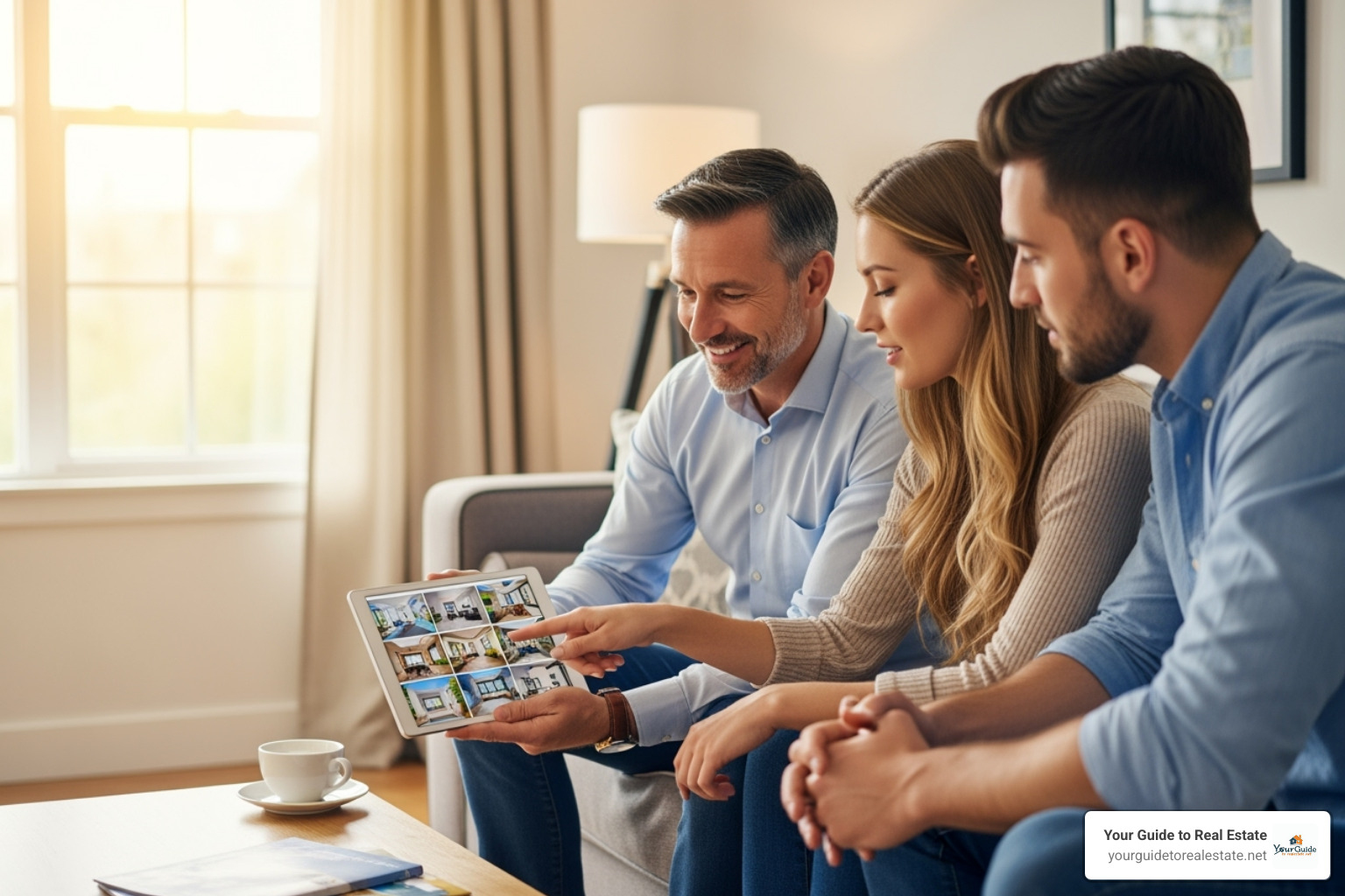 Real estate agent showing a property on a tablet to a couple - Questions to ask realtor