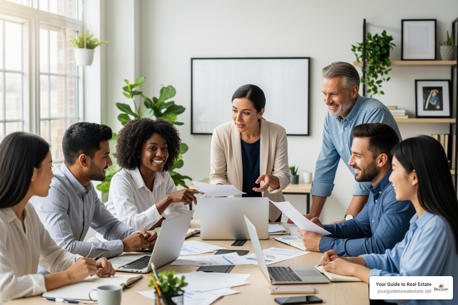 diverse group of happy real estate agents collaborating in a bright office space - how to pick a real estate brokerage