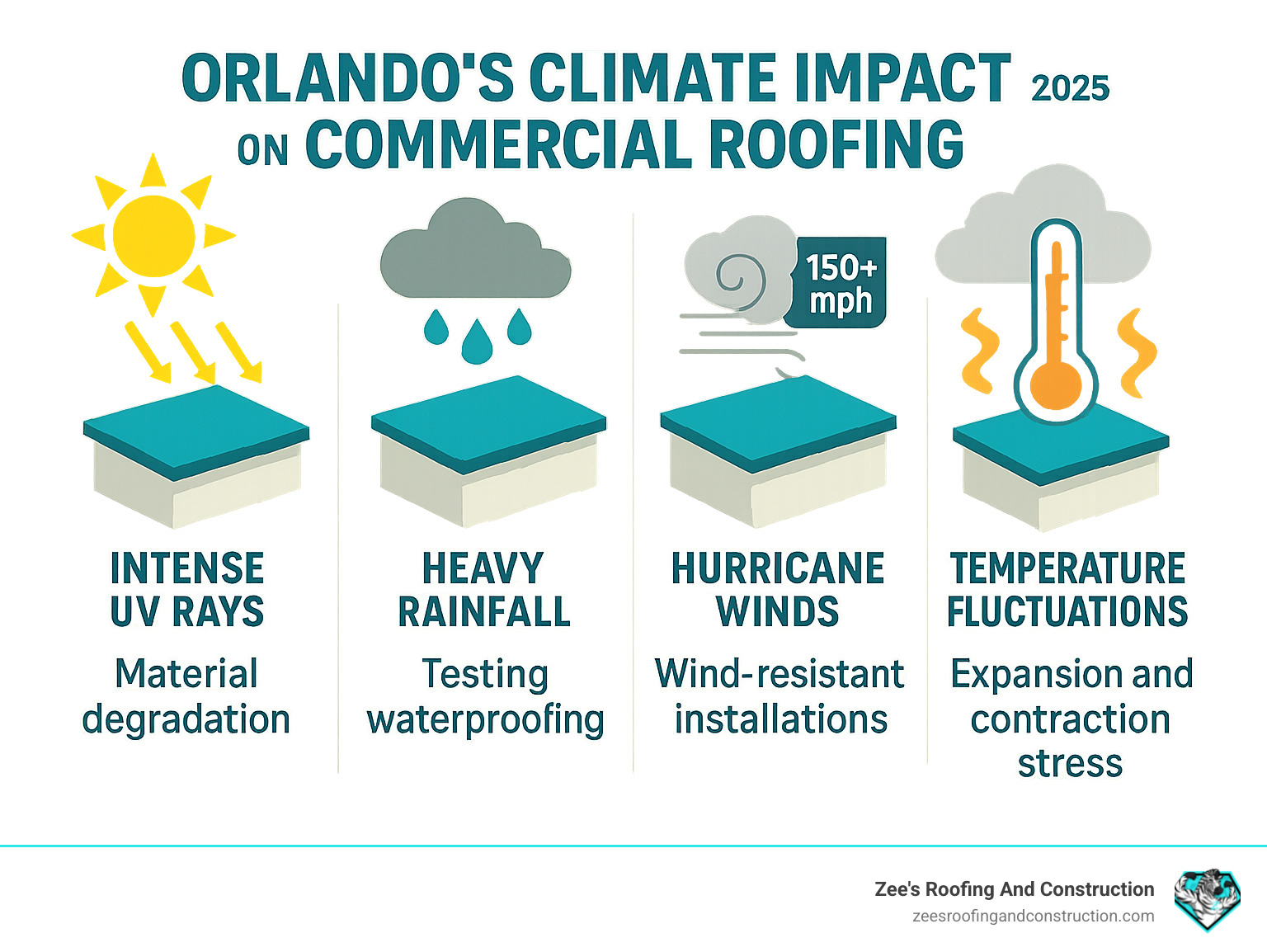 Infographic showing Orlando's climate impact on commercial roofing: intense UV rays causing material degradation, heavy rainfall testing waterproofing systems, hurricane winds up to 150+ mph requiring wind-resistant installations, and temperature fluctuations causing expansion and contraction stress - commercial roofing orlando infographic 