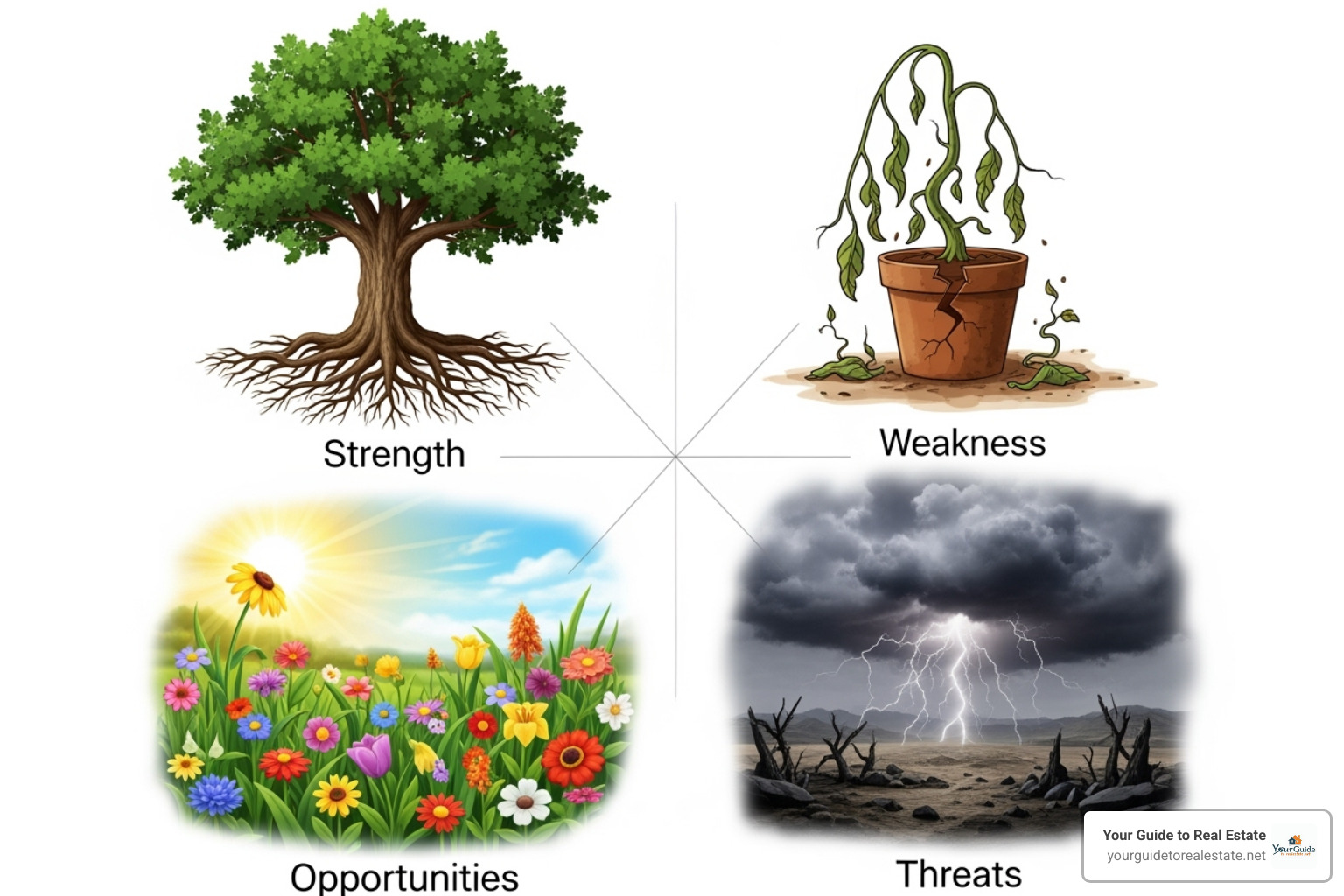 SWOT analysis diagram with quadrants for Strengths, Weaknesses, Opportunities, and Threats - competitive analysis report