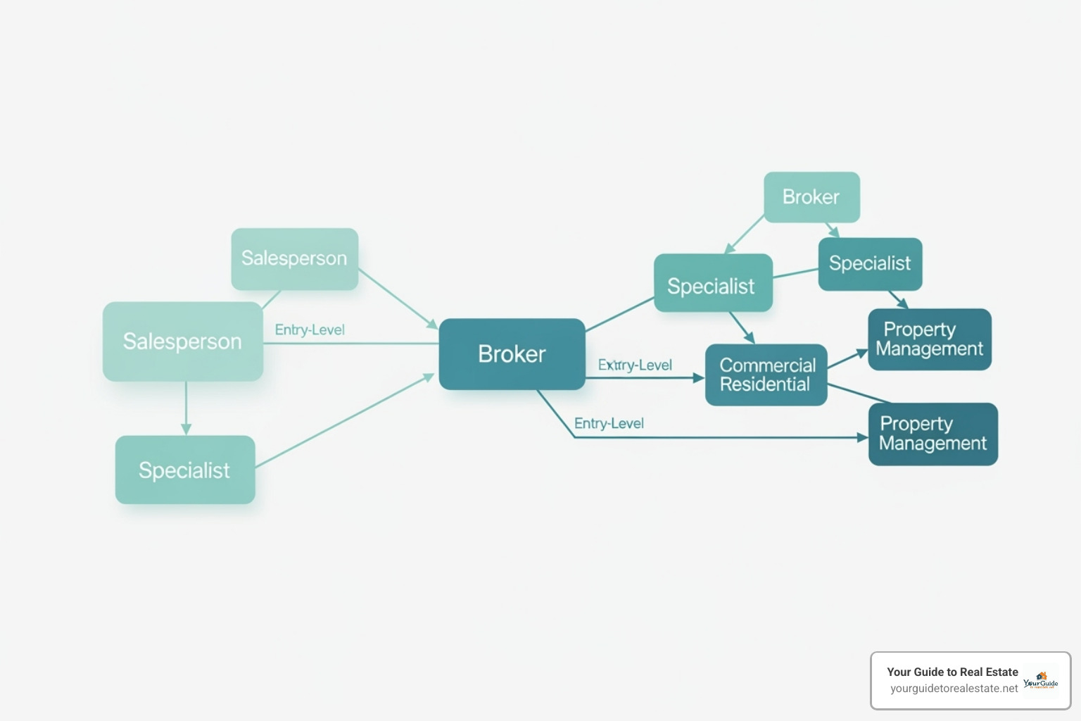 a flowchart showing different real estate career education paths (Salesperson, Broker, Specialist) - Online real estate courses