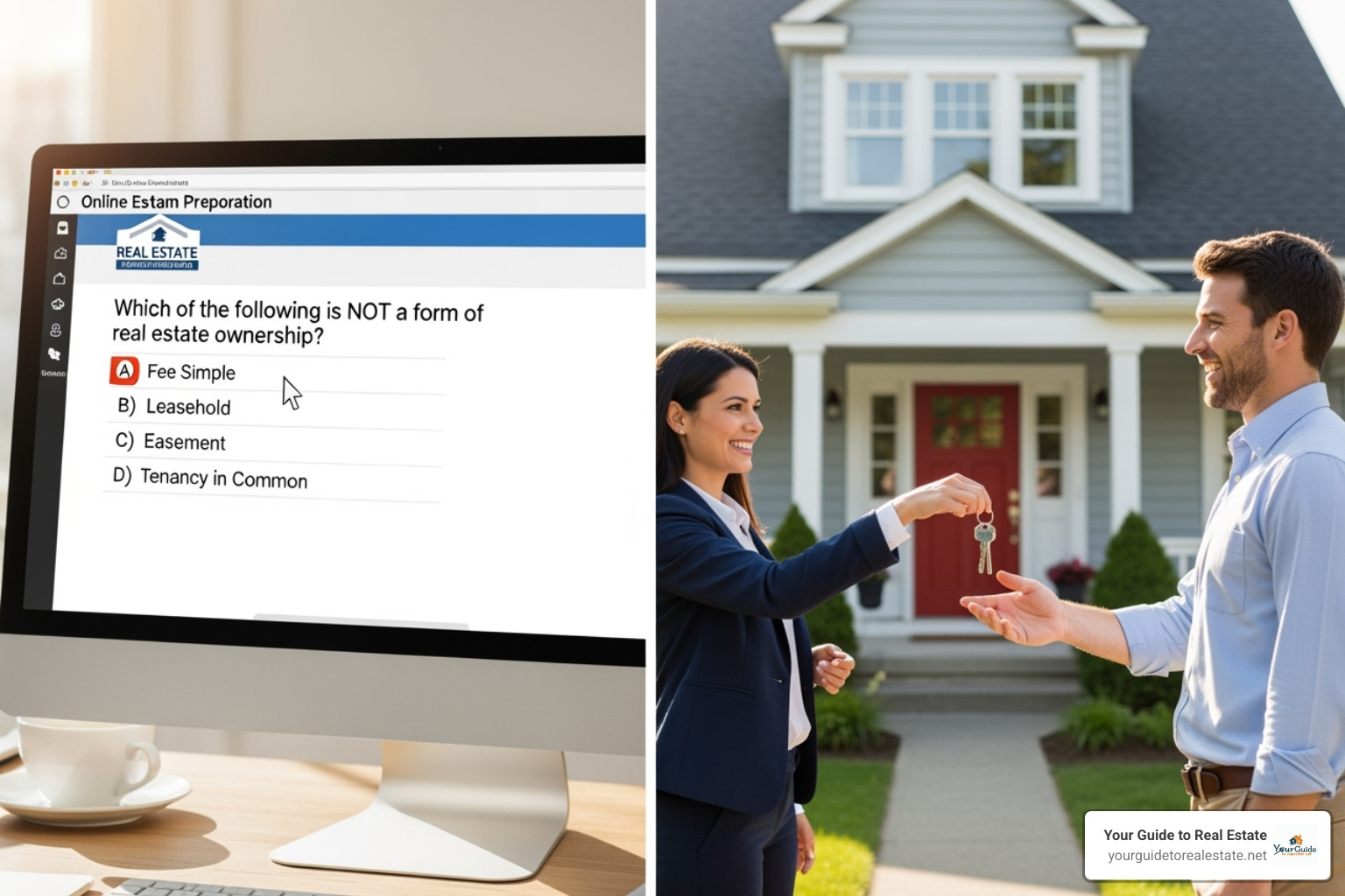a split screen showing an online exam prep tool on one side and a real estate agent handing keys to a client on the other - Online real estate courses