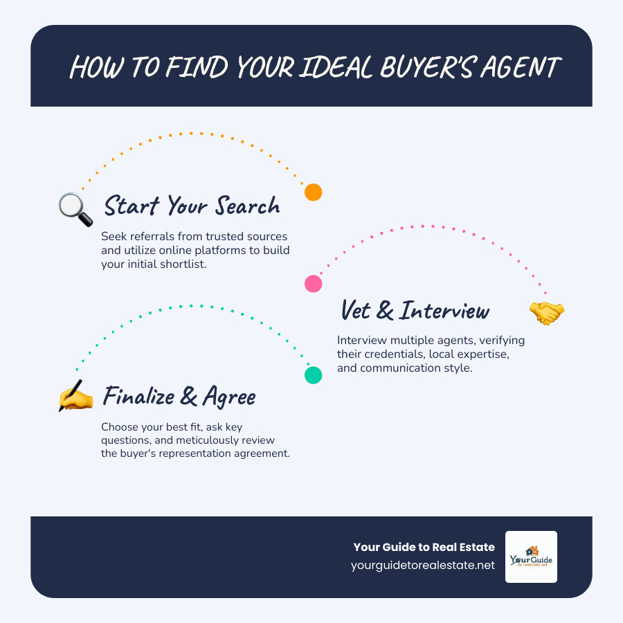 Infographic showing the complete buyer's agent selection process from initial research through contract signing, including steps for getting referrals, conducting online searches, interviewing multiple candidates, checking credentials and reviews, asking essential questions about market knowledge and negotiation strategies, and reviewing buyer representation agreements - how to find a good buyers agent infographic infographic-line-3-steps-blues-accent_colors