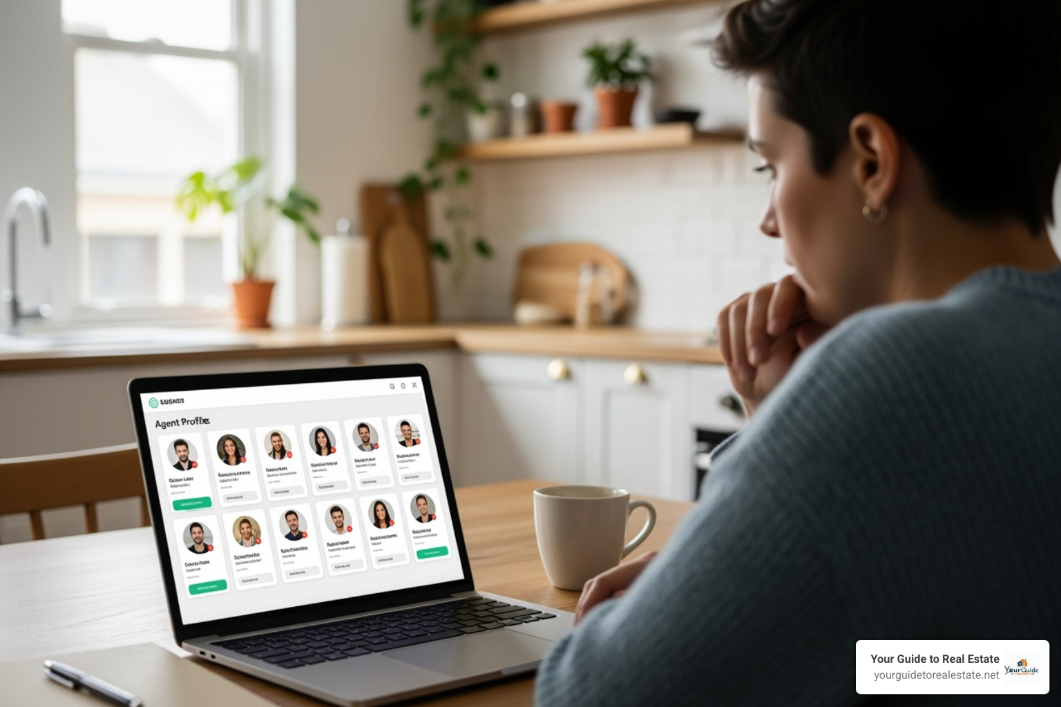 person looking at agent profiles on a laptop - how to find a good buyers agent