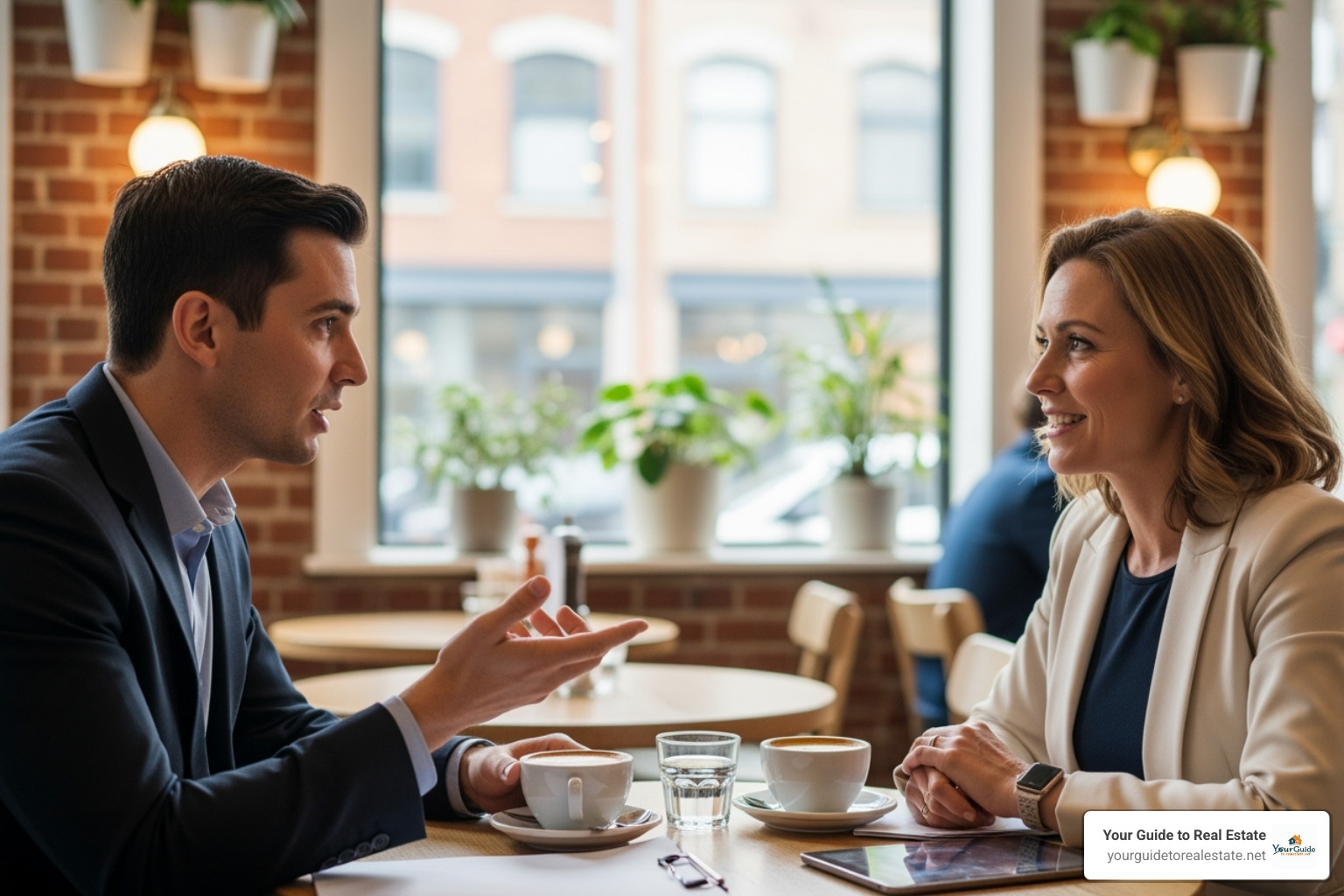 two people having a professional conversation over coffee - how to find a good buyers agent