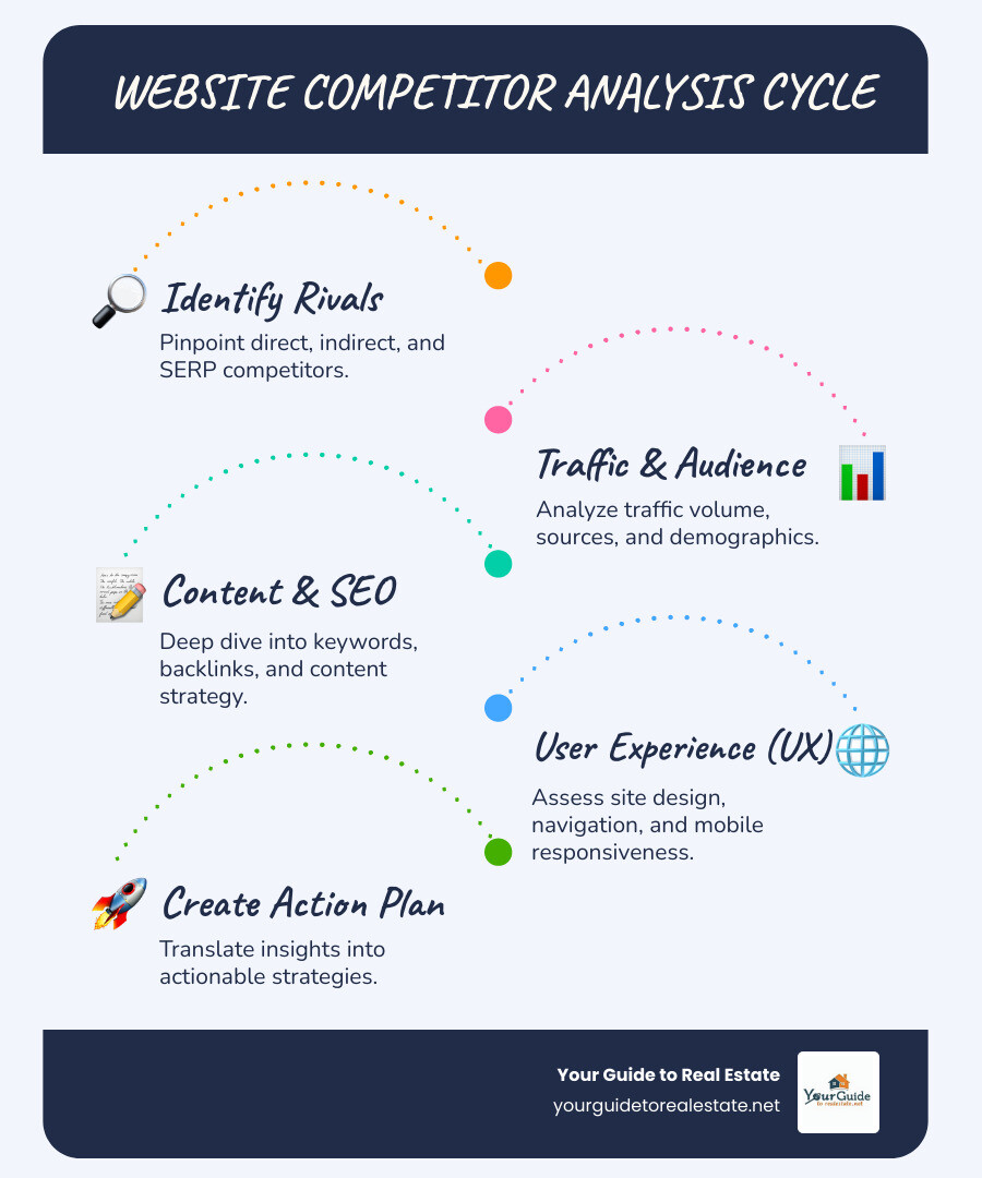 Infographic showing the 6-step website competitor analysis cycle: 1. Identify Competitors, 2. Analyze Traffic & Audience, 3. Review SEO & Keywords, 4. Examine Content Strategy, 5. Assess User Experience, 6. Create Action Plan, with arrows connecting each step in a continuous loop - website competitor analysis infographic infographic-line-5-steps-blues-accent_colors