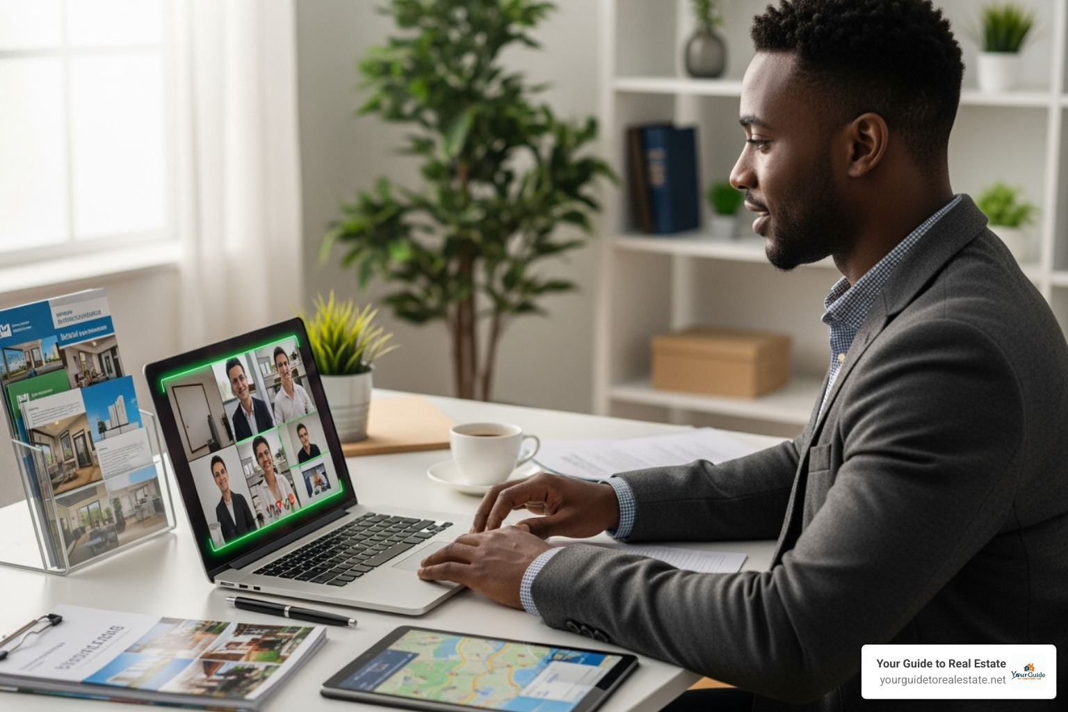 Real estate agent on a laptop participating in a video call - Online real estate community