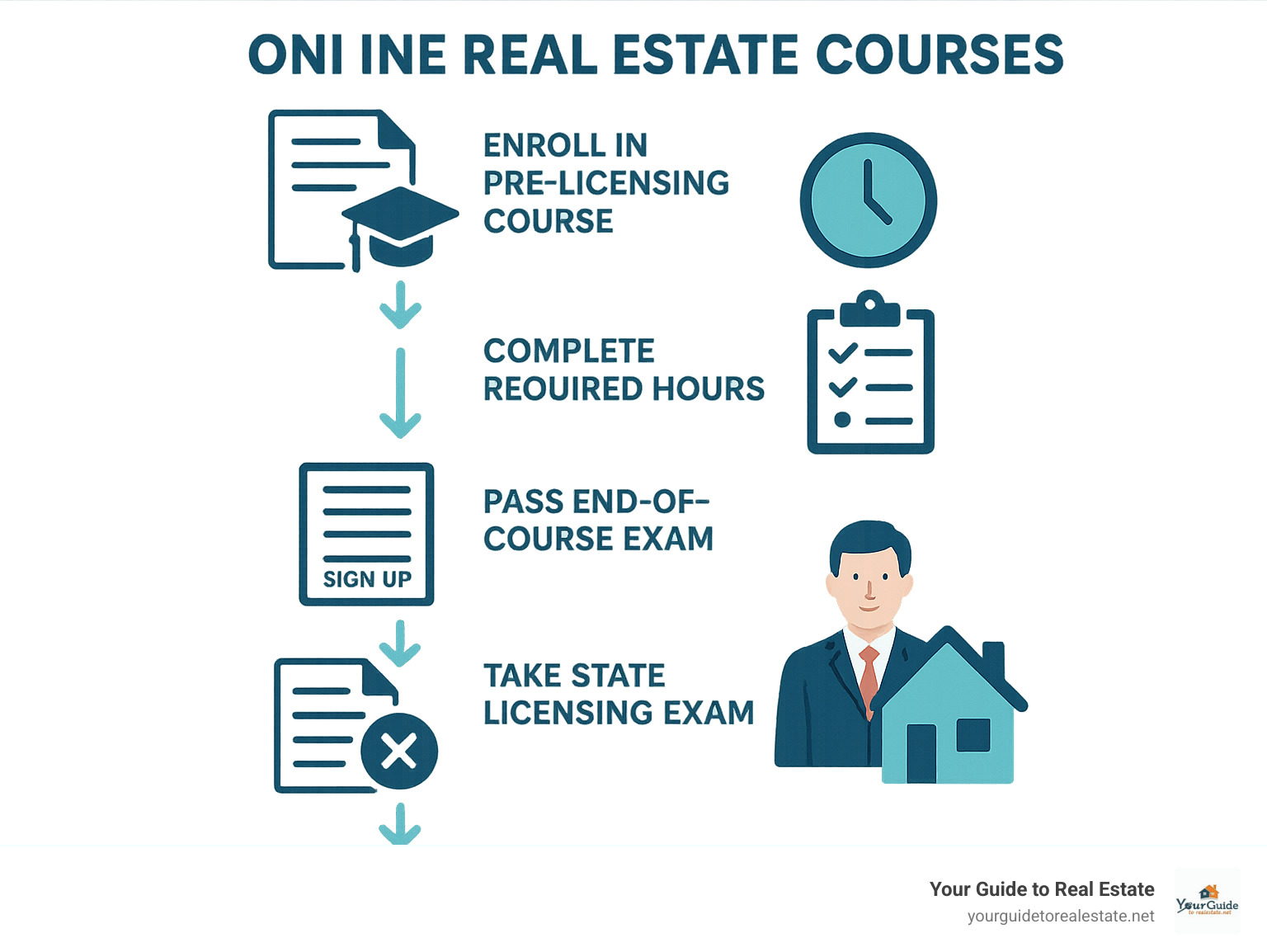Infographic showing the complete pathway to obtaining a real estate license online, including pre-licensing course enrollment, completing required hours, passing end-of-course exams, state exam registration, taking the state licensing exam, applying for license, and beginning real estate career - Online real estate courses infographic 