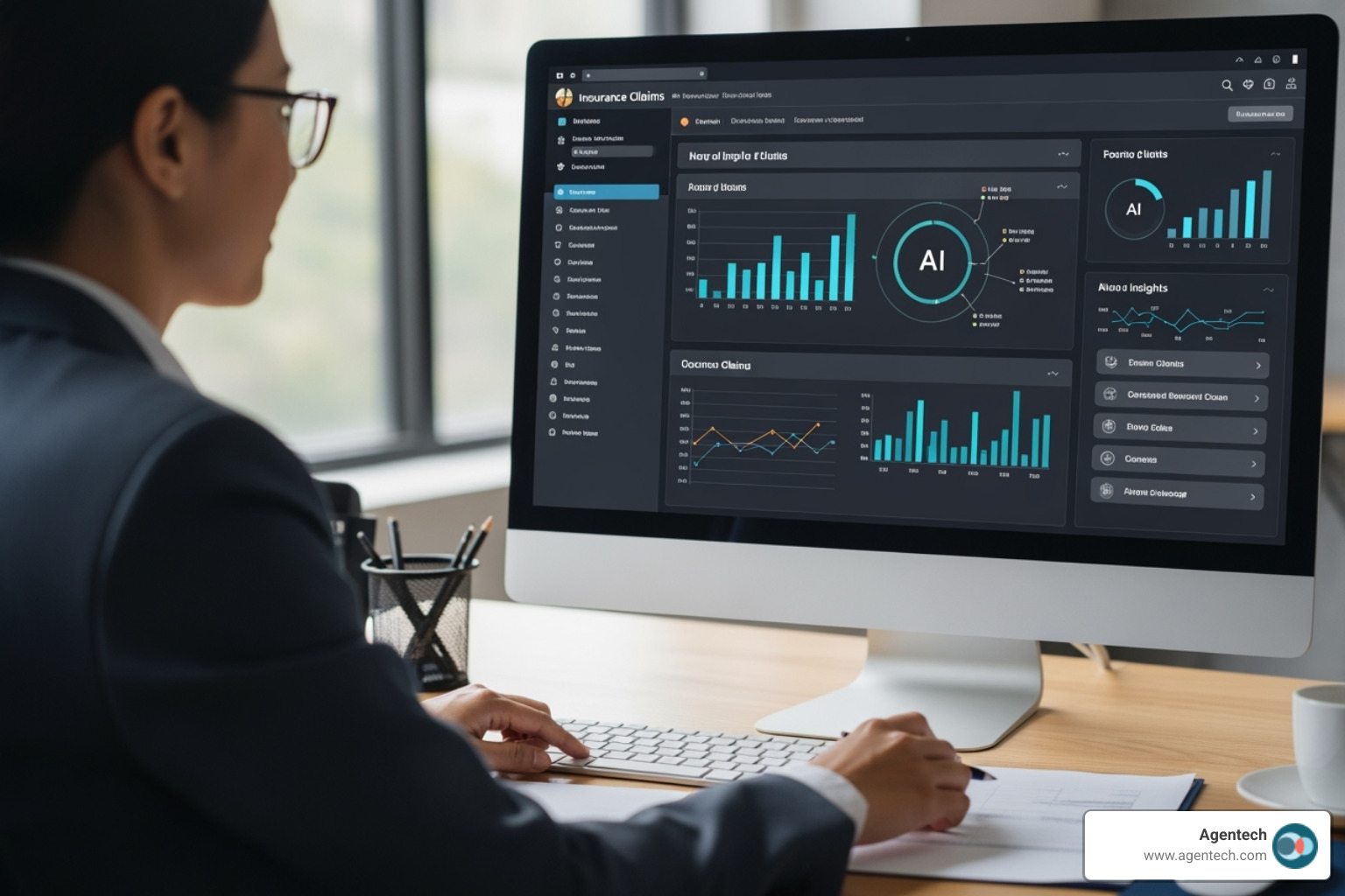 Claims Adjuster collaborating with AI on a digital dashboard: ai claims processing