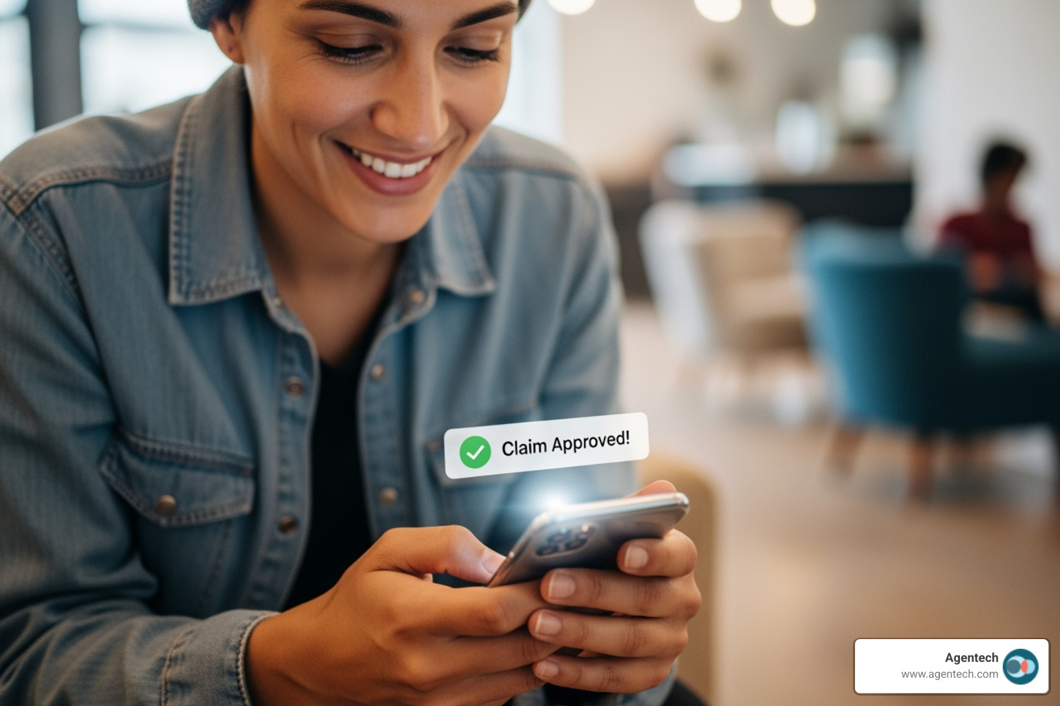 Satisfied customer receiving a quick claim approval notification on their phone: ai claims processing