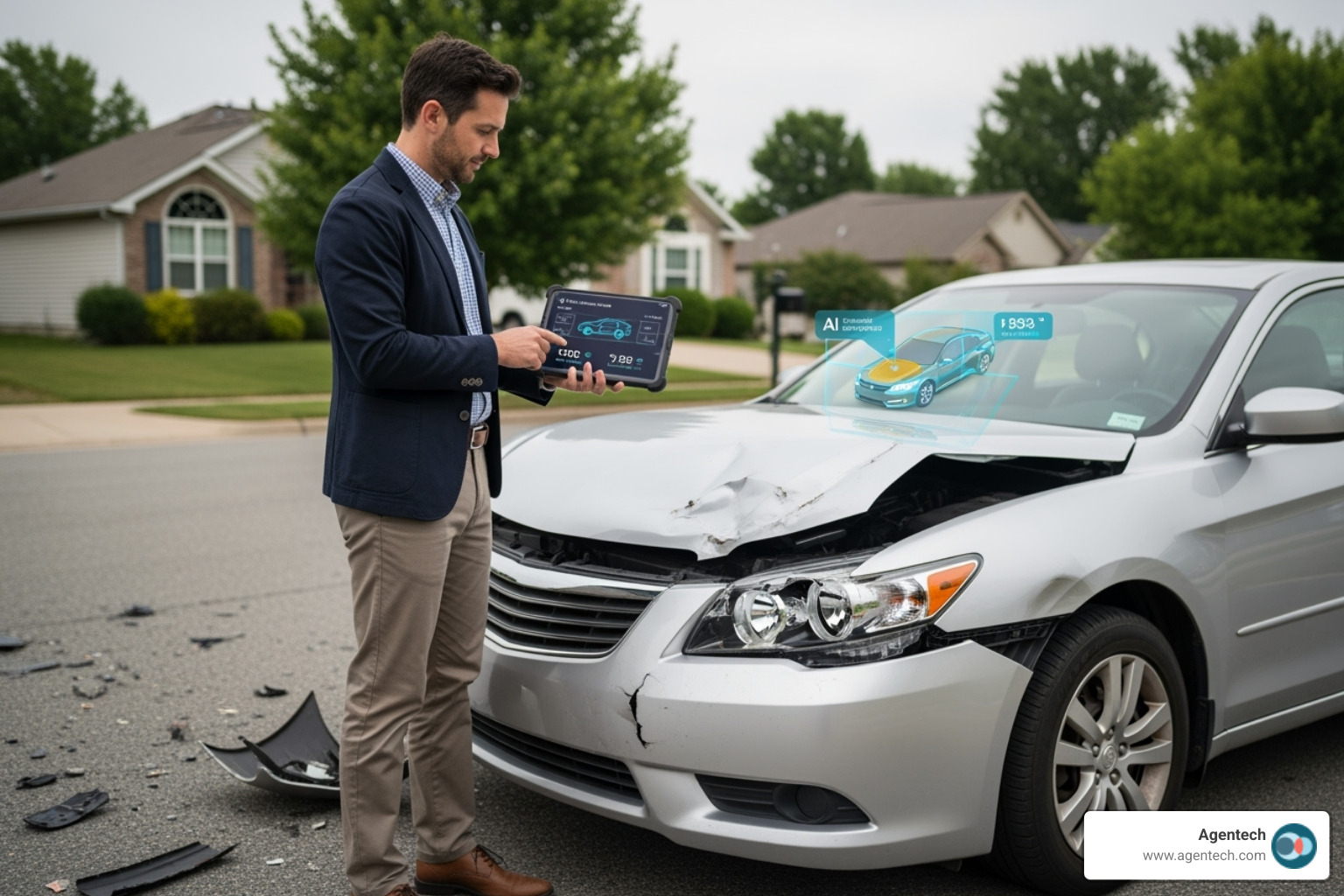 Claims adjuster using a tablet with an AI powered system to assess damage at a car accident scene: ai claims processing