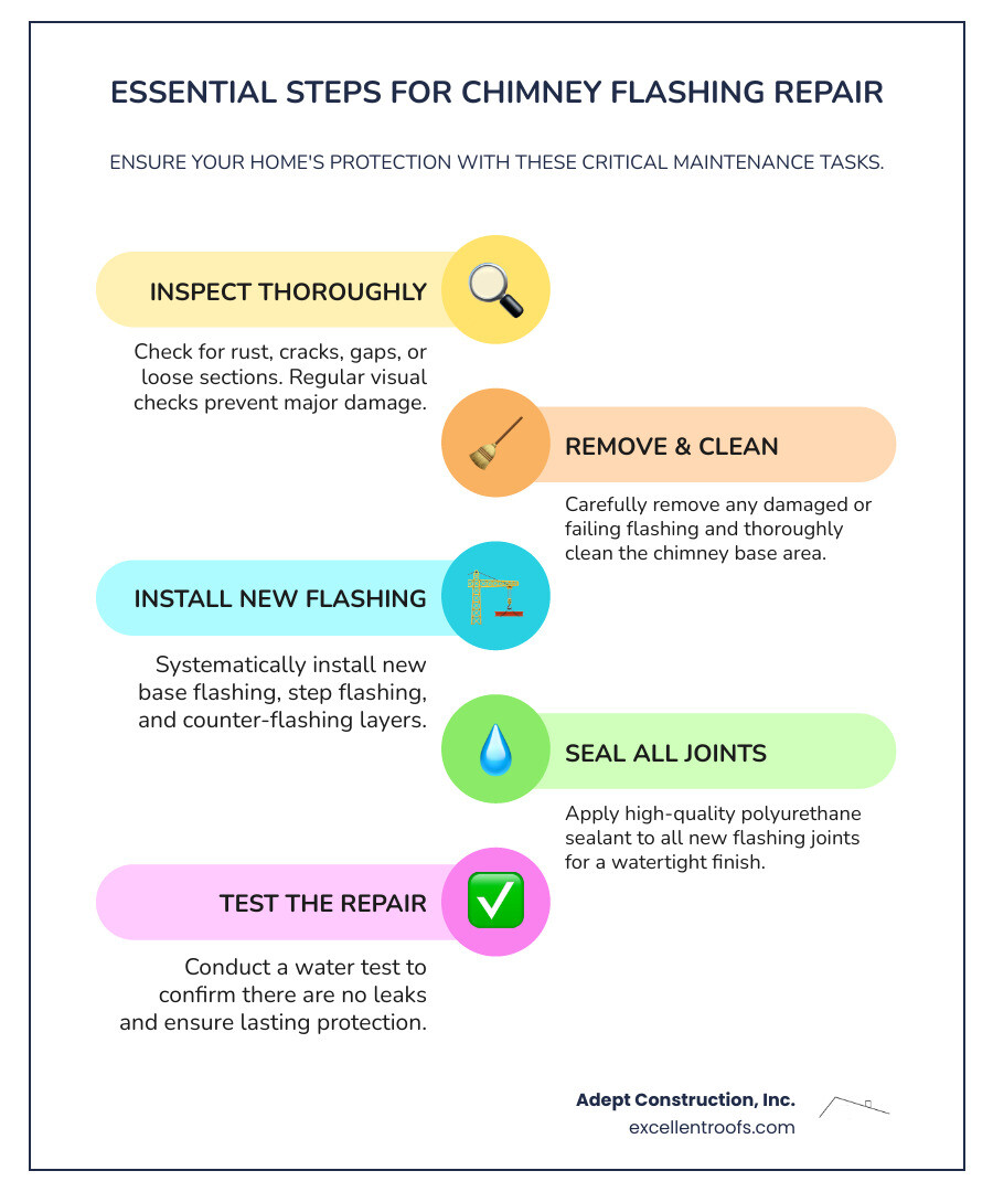 Detailed infographic showing chimney flashing components including step flashing integrated with shingles, counter flashing sealed into mortar joints, base flashing around chimney perimeter, and chimney saddle or cricket behind chimney for water diversion - Chimney flashing repair infographic infographic-line-5-steps-colors