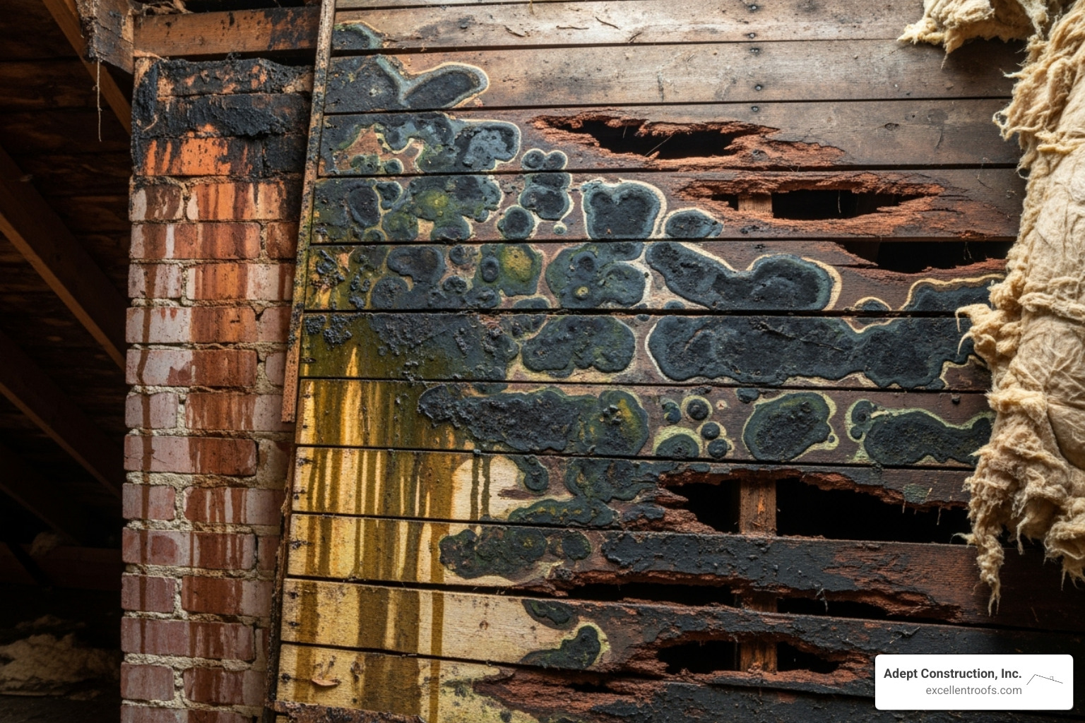 water damage and mold on an attic's roof sheathing near a chimney - Chimney flashing repair