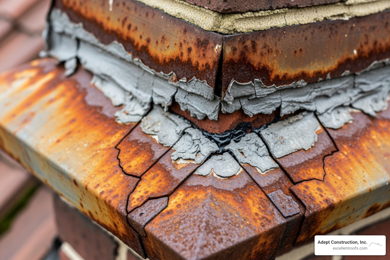 close-up shot showing rusted and cracked chimney flashing with deteriorated sealant - Chimney flashing repair