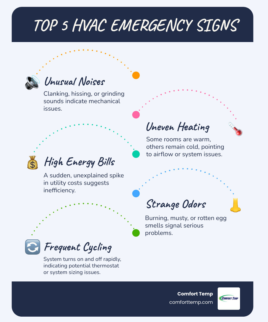 Infographic showing the top 5 signs your Jacksonville heating system needs emergency repair: unusual noises like clanking or hissing, uneven heating throughout rooms, sudden increase in energy bills, strange odors when system operates, and system frequently cycling on and off - heating repair Jacksonville FL infographic infographic-line-5-steps-blues-accent_colors Infographic showing the top 5 signs your Jacksonville heating system needs emergency repair: unusual noises like clanking or hissing, uneven heating throughout rooms, sudden increase in energy bills, strange odors when system operates, and system frequently cycling on and off - heating repair Jacksonville FL infographic infographic-line-5-steps-blues-accent_colors