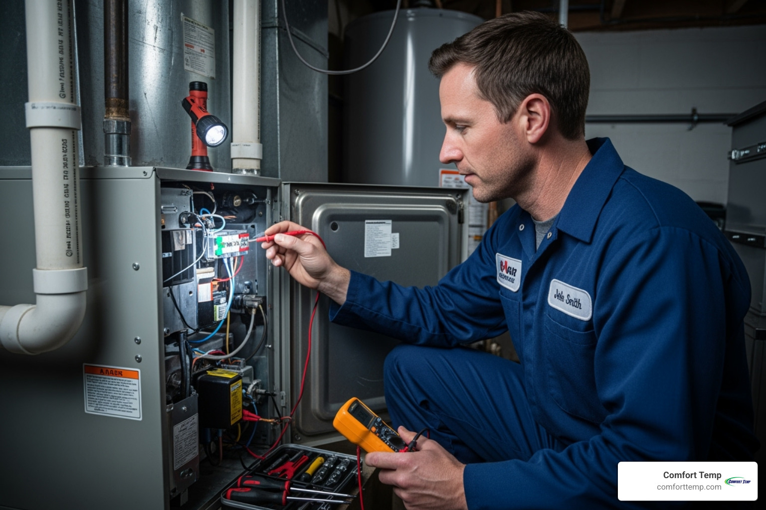 A service technician inspecting an electric furnace unit in a residential home - heating repair Jacksonville FL A service technician inspecting an electric furnace unit in a residential home - heating repair Jacksonville FL