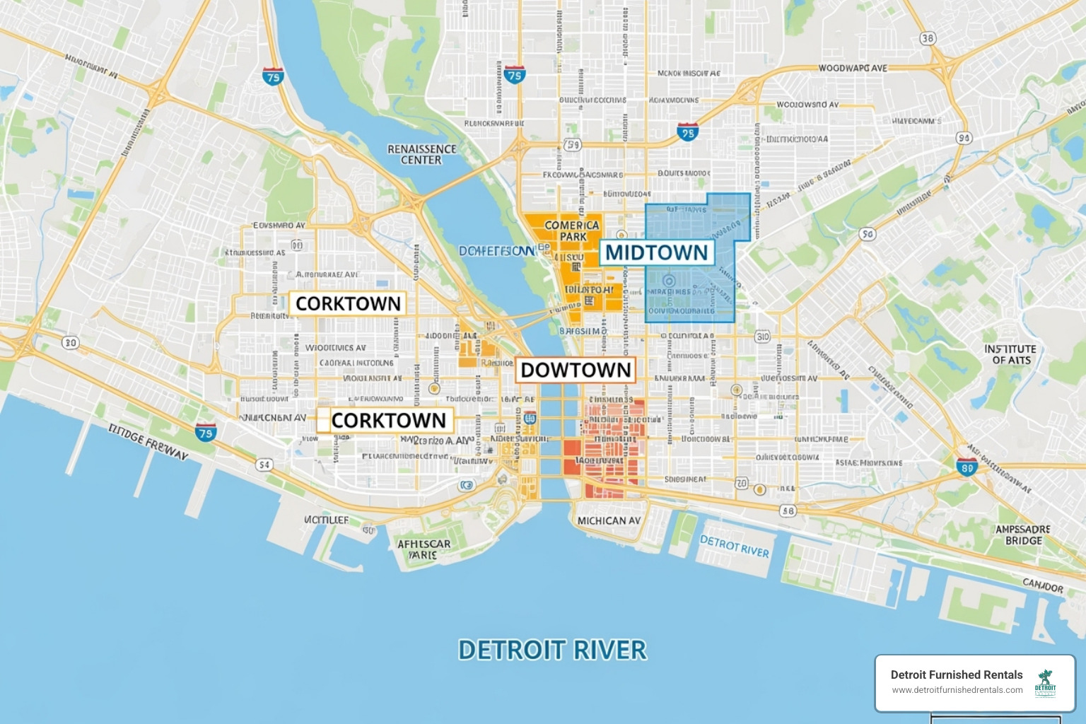 Map of Detroit highlighting Downtown, Midtown, and Corktown neighborhoods - Detroit extended stay