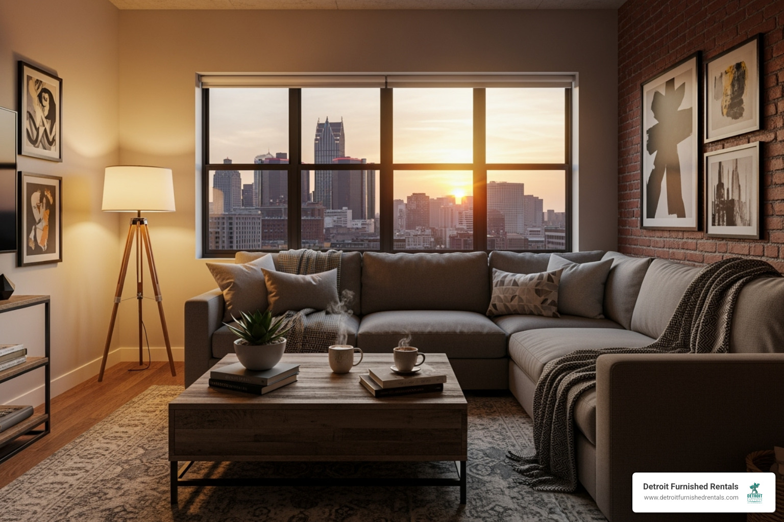 Cozy living room in a Detroit apartment at dusk - Detroit extended stay