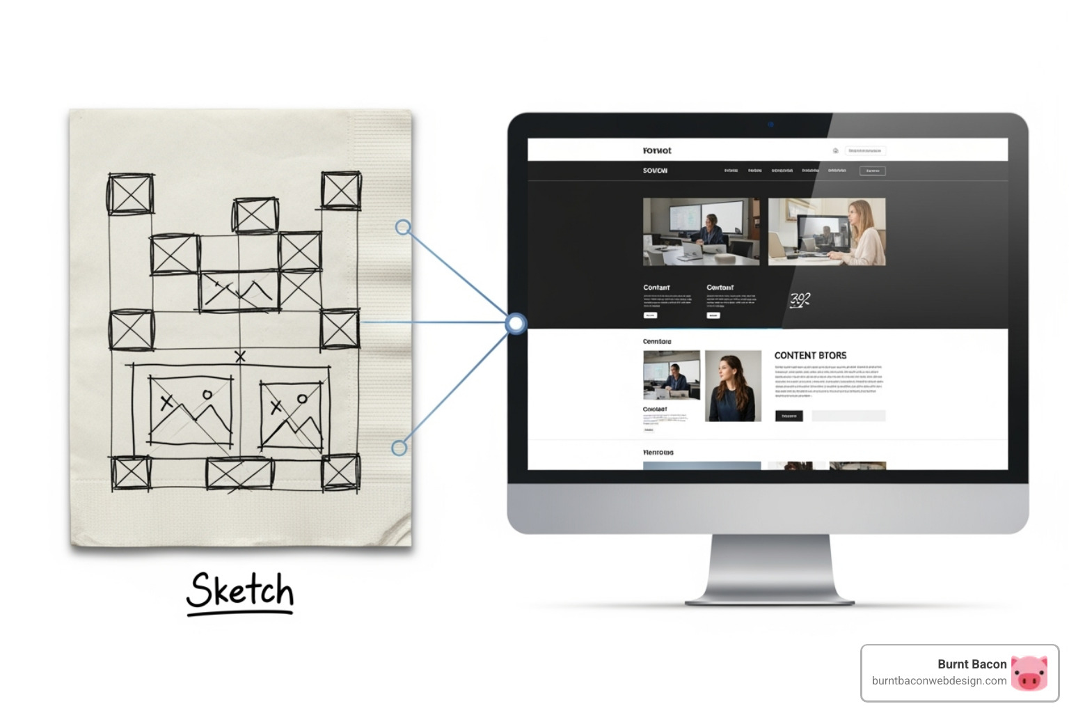 A graphic showing a simplified wireframe morphing into a fully designed, modern website layout with various content blocks and images - website redesign utah A graphic showing a simplified wireframe morphing into a fully designed, modern website layout with various content blocks and images - website redesign utah