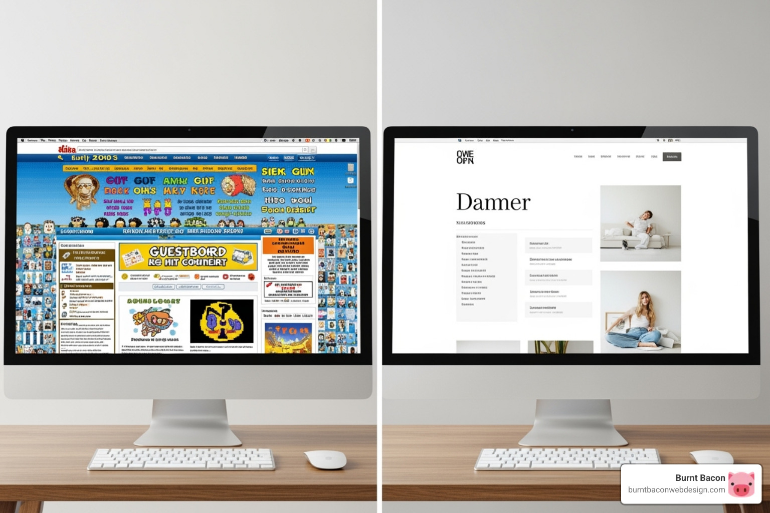 Side-by-side comparison of an outdated, cluttered website design next to a modern, clean, and user-friendly website design - website redesign utah Side-by-side comparison of an outdated, cluttered website design next to a modern, clean, and user-friendly website design - website redesign utah