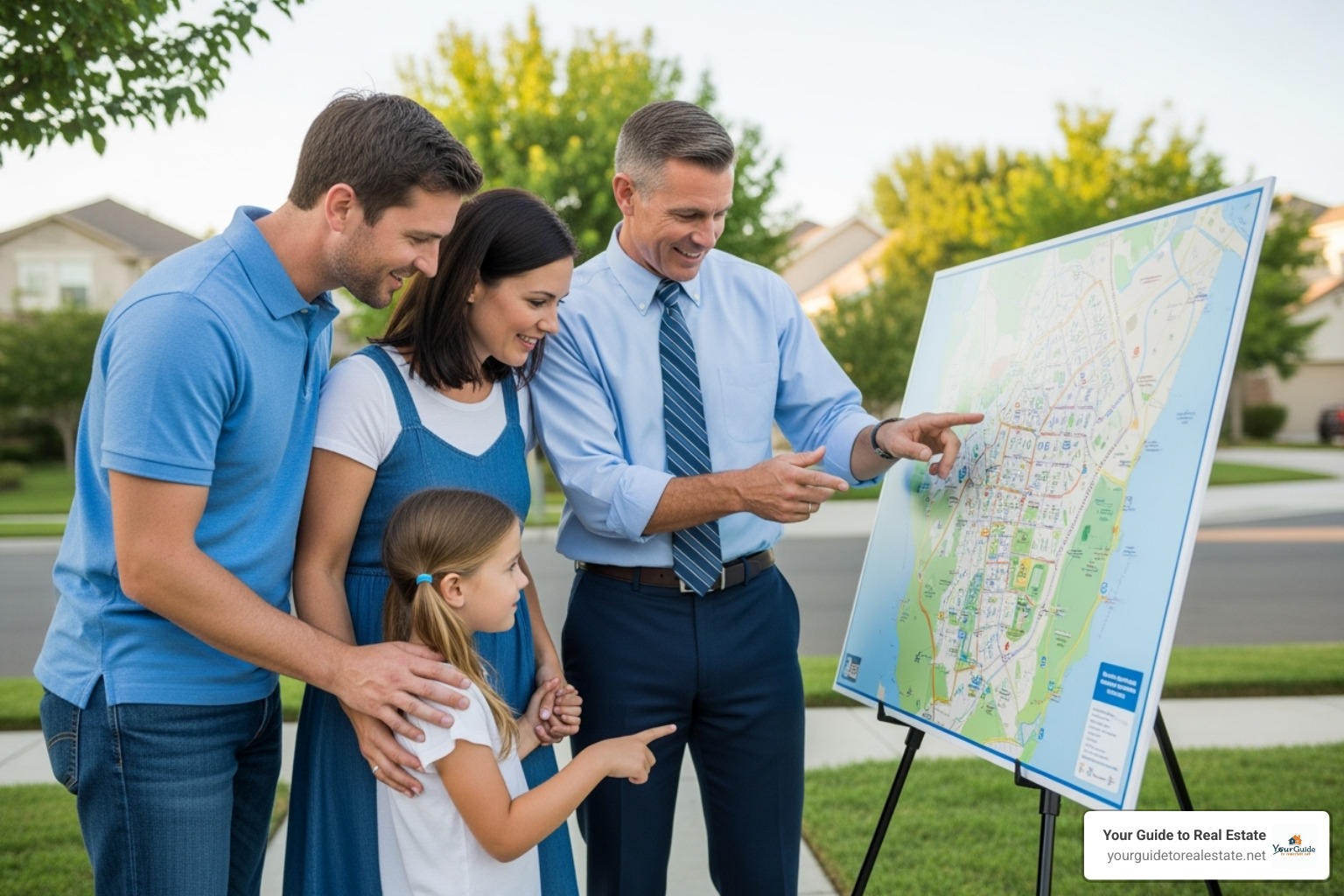 real estate agent showing a family a neighborhood map - the appraised value of a property is