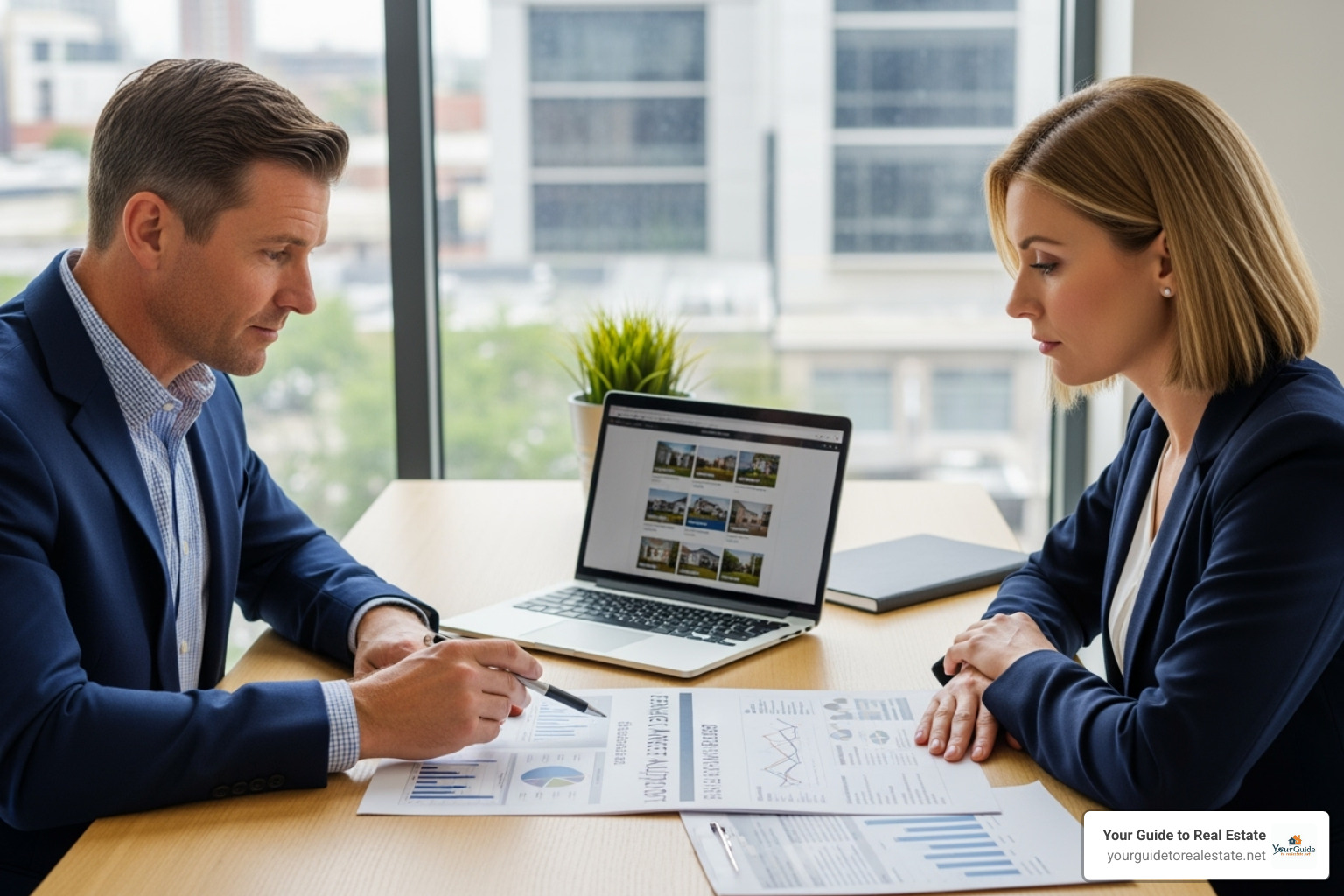 realtor and buyer looking over market analysis report - find a realtor for buying