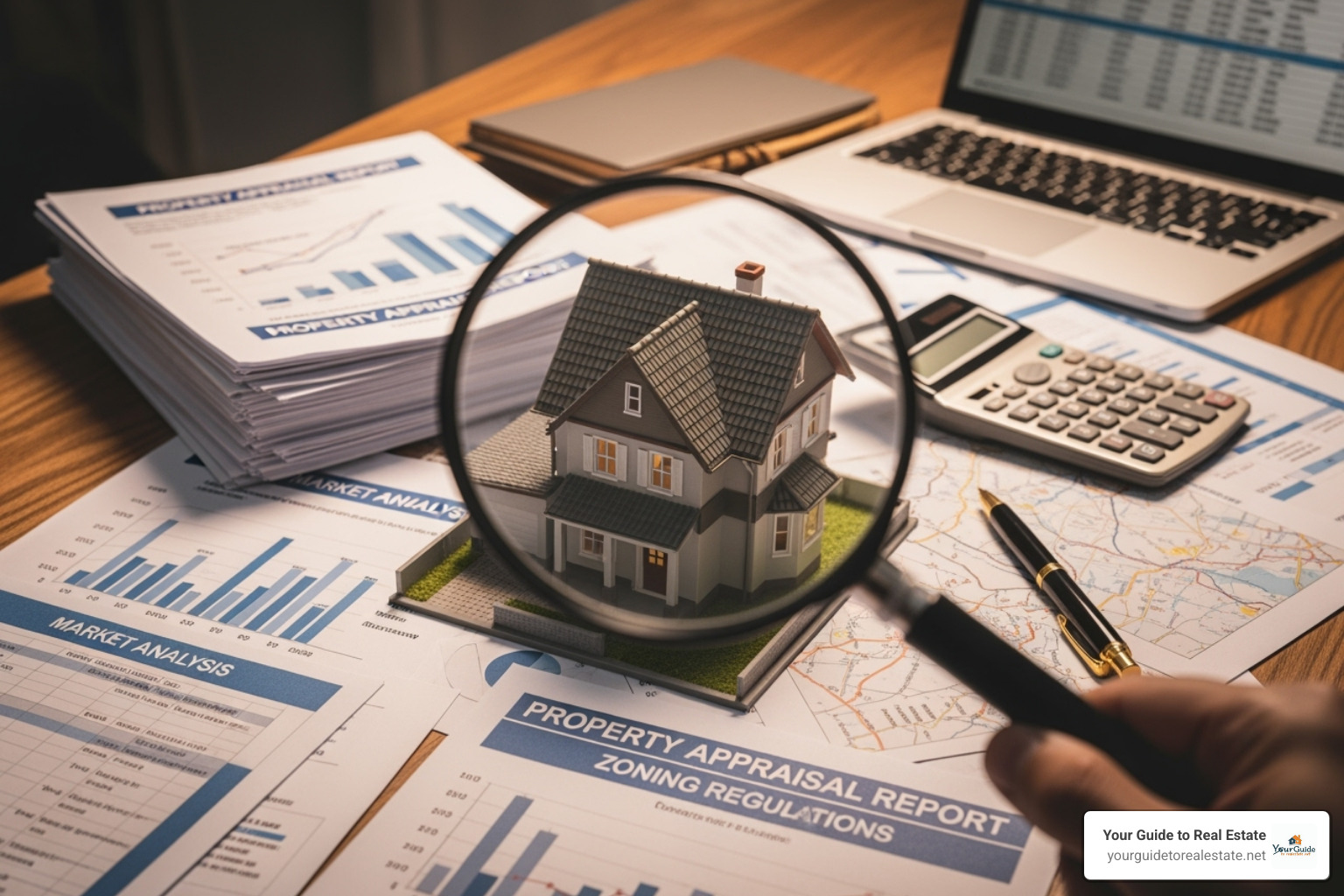 magnifying glass over a house comparing appraisal paperwork to a market analysis report - house appraised at value