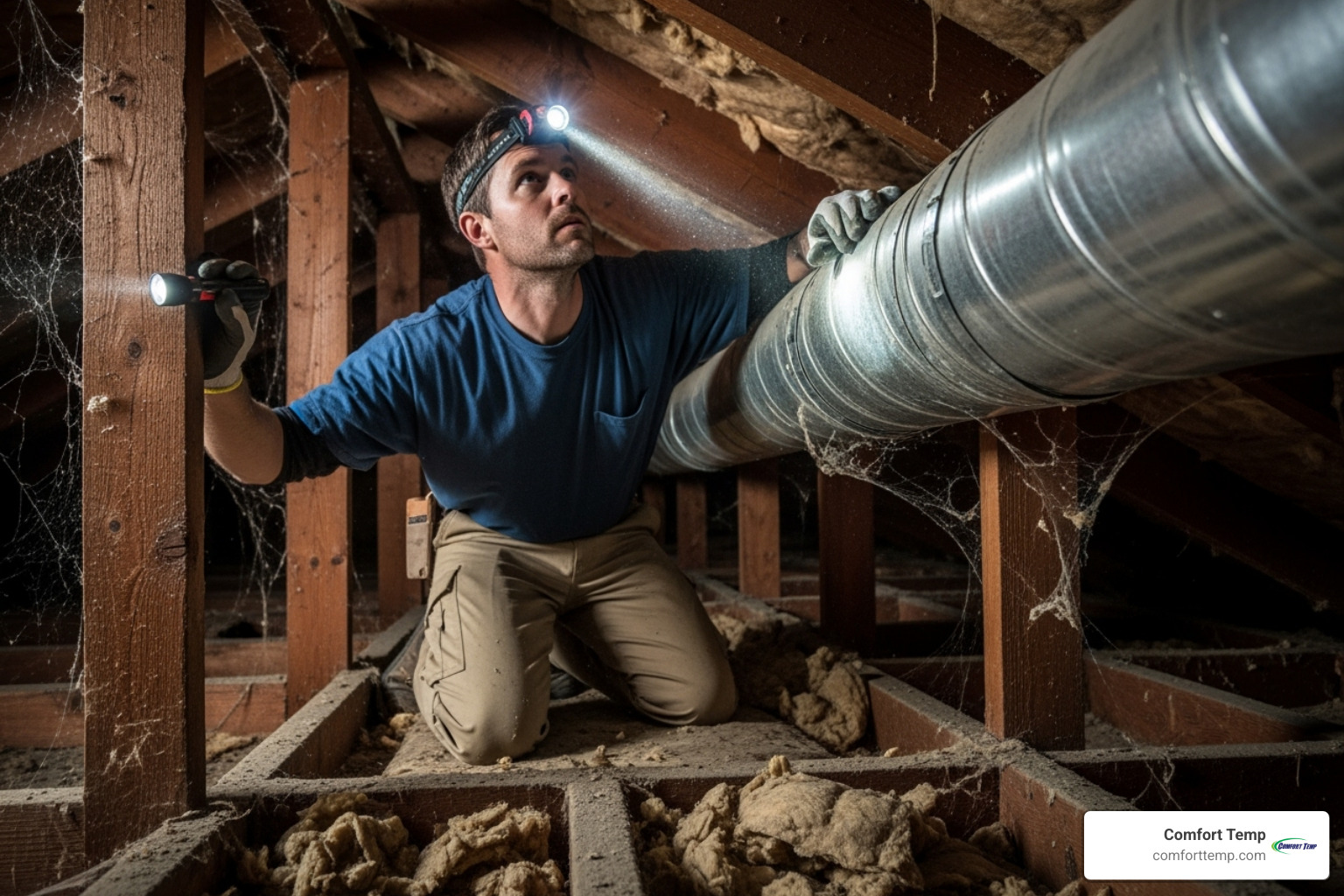 HVAC technician inspecting ductwork in an attic - HVAC system replacement cost HVAC technician inspecting ductwork in an attic - HVAC system replacement cost