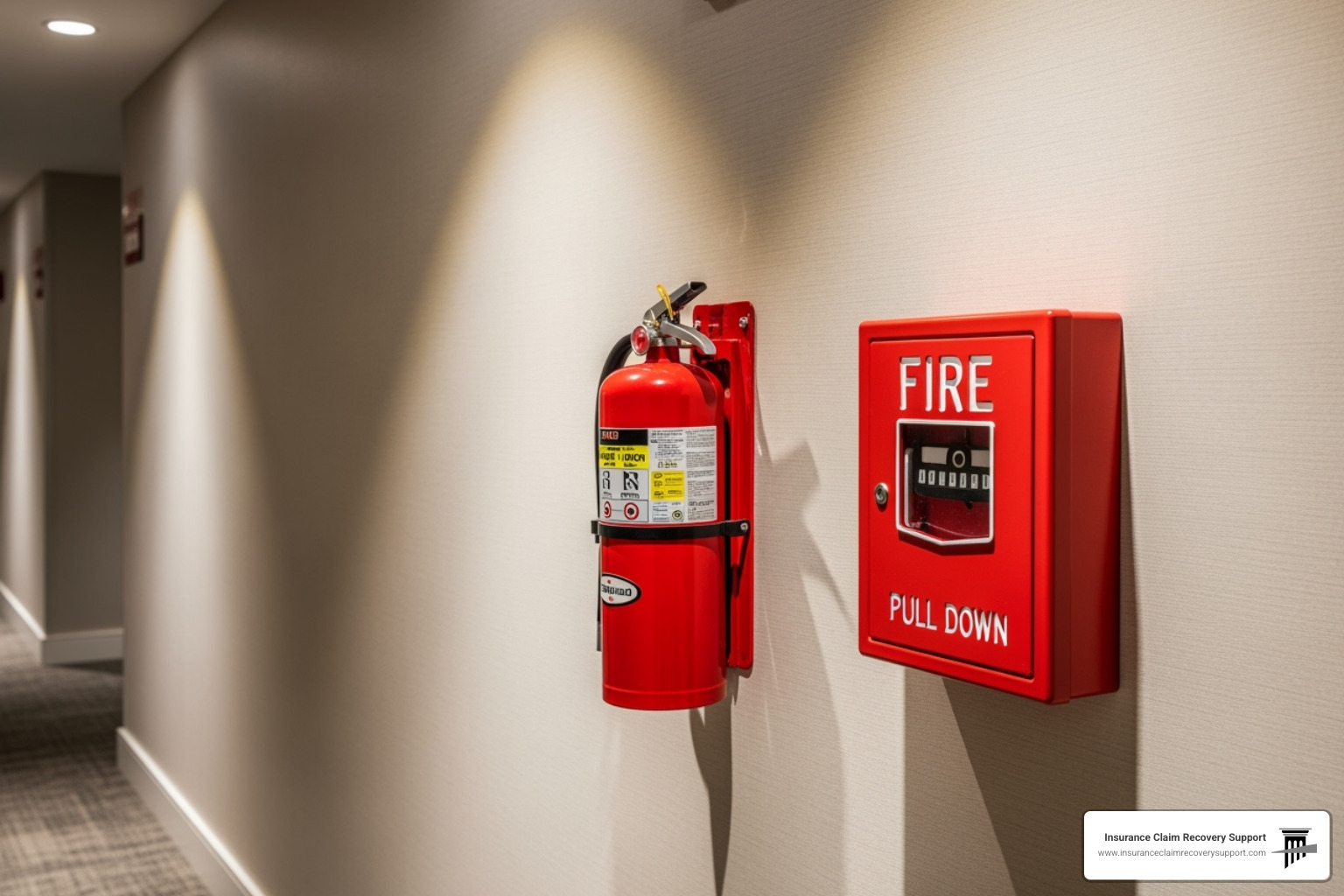 Fire extinguisher and alarm in a condominium hallway - condo association fire