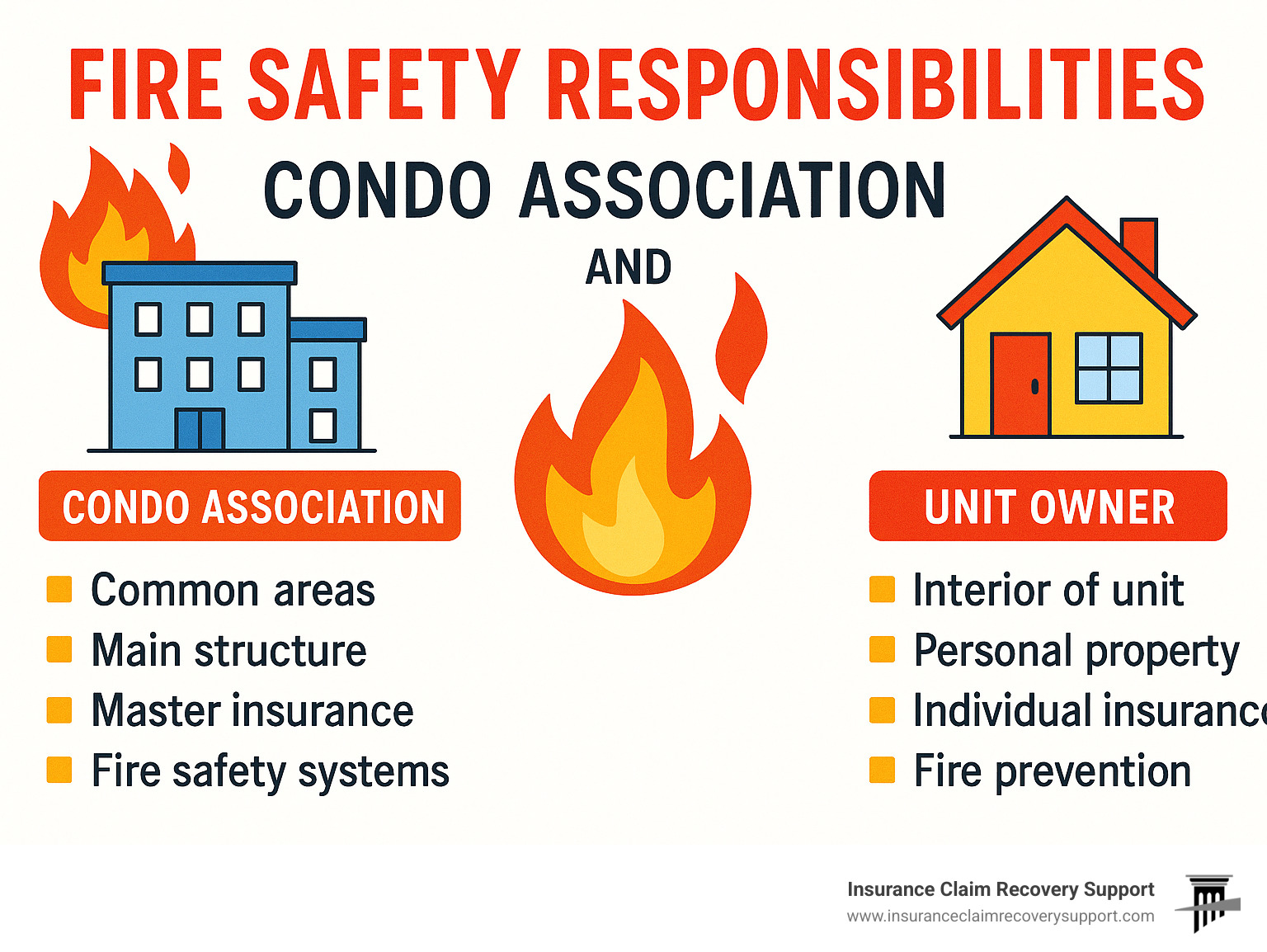 Infographic detailing fire safety responsibilities for condo associations and unit owners - condo association fire infographic 