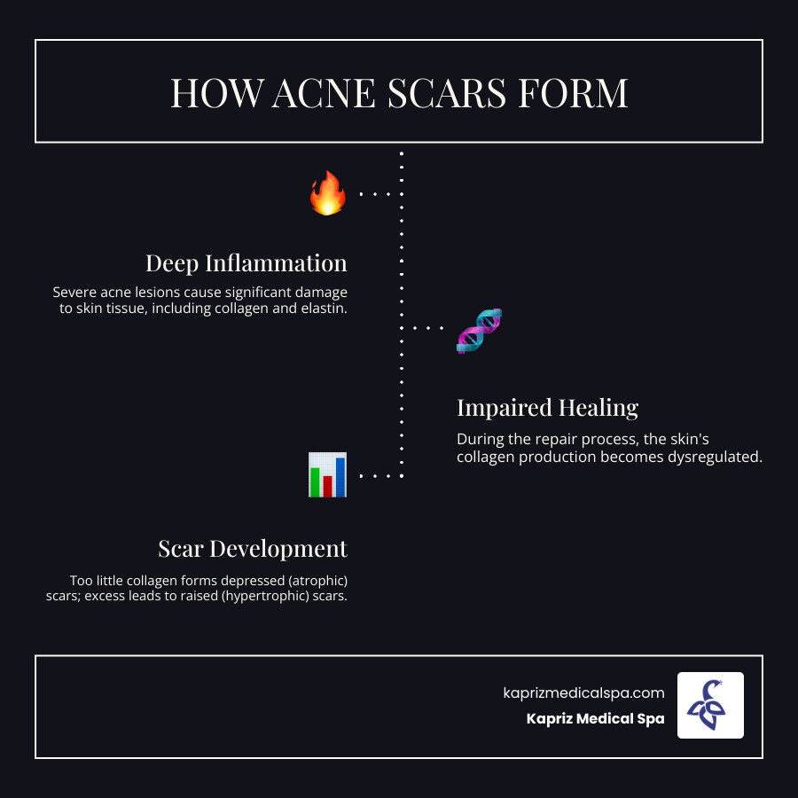 Infographic showing the formation process of atrophic scars (ice pick, boxcar, rolling) and hypertrophic scars, with arrows indicating how collagen production affects final scar appearance - Old acne scar treatment infographic infographic-line-3-steps-dark Infographic showing the formation process of atrophic scars (ice pick, boxcar, rolling) and hypertrophic scars, with arrows indicating how collagen production affects final scar appearance - Old acne scar treatment infographic infographic-line-3-steps-dark