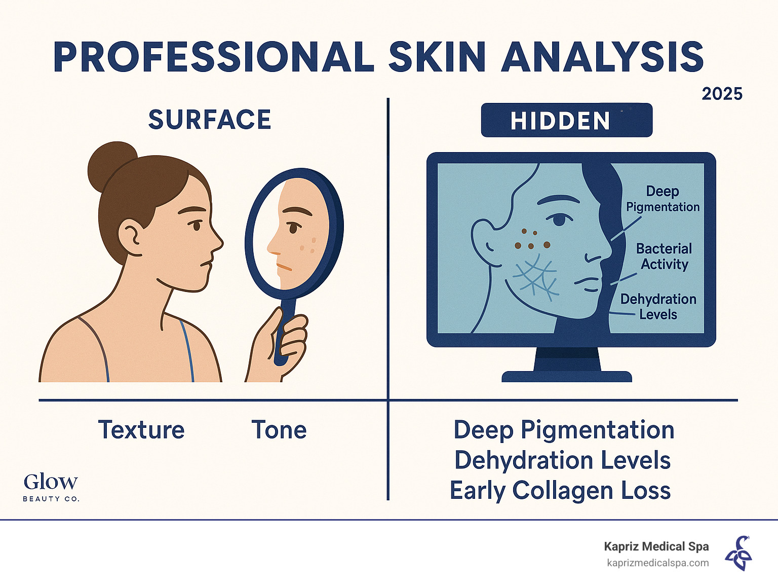 Infographic showing the difference between visible surface-level skin issues like texture and tone that you can see in a mirror, versus hidden subsurface conditions like deep pigmentation, bacterial activity, dehydration levels, and early collagen loss that require professional imaging technology to detect - Professional skin analysis infographic Infographic showing the difference between visible surface-level skin issues like texture and tone that you can see in a mirror, versus hidden subsurface conditions like deep pigmentation, bacterial activity, dehydration levels, and early collagen loss that require professional imaging technology to detect - Professional skin analysis infographic