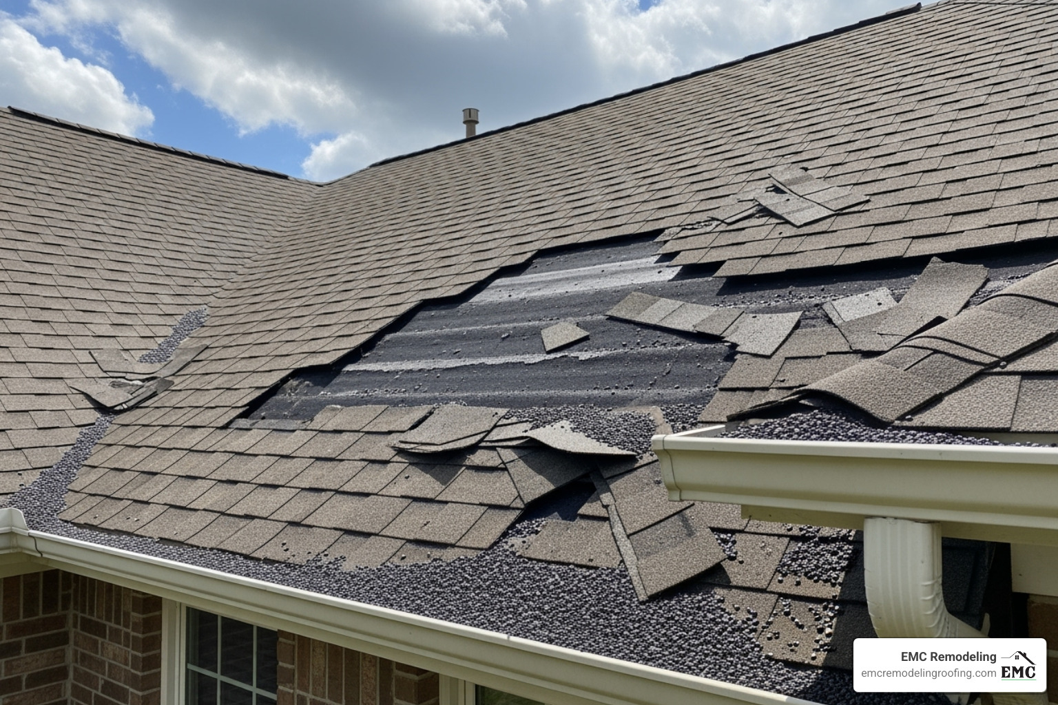 Clear signs of roof damage including curling shingles, missing shingles, and granules accumulated in gutters - asphalt shingle roofers