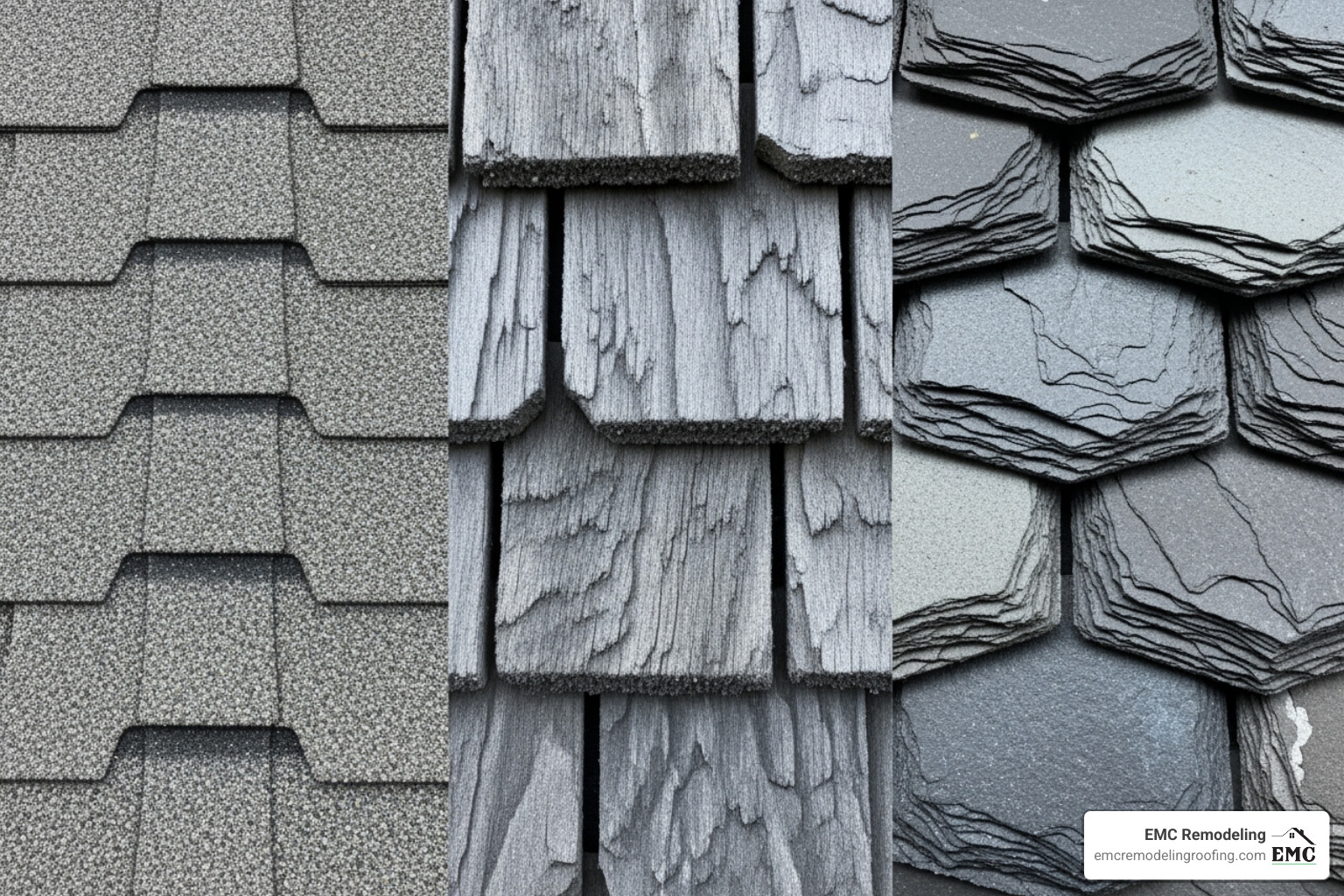 Various types of asphalt shingles including 3-tab, architectural, and luxury shingles shown side-by-side with close-ups of their textures and profiles - asphalt shingle roofers