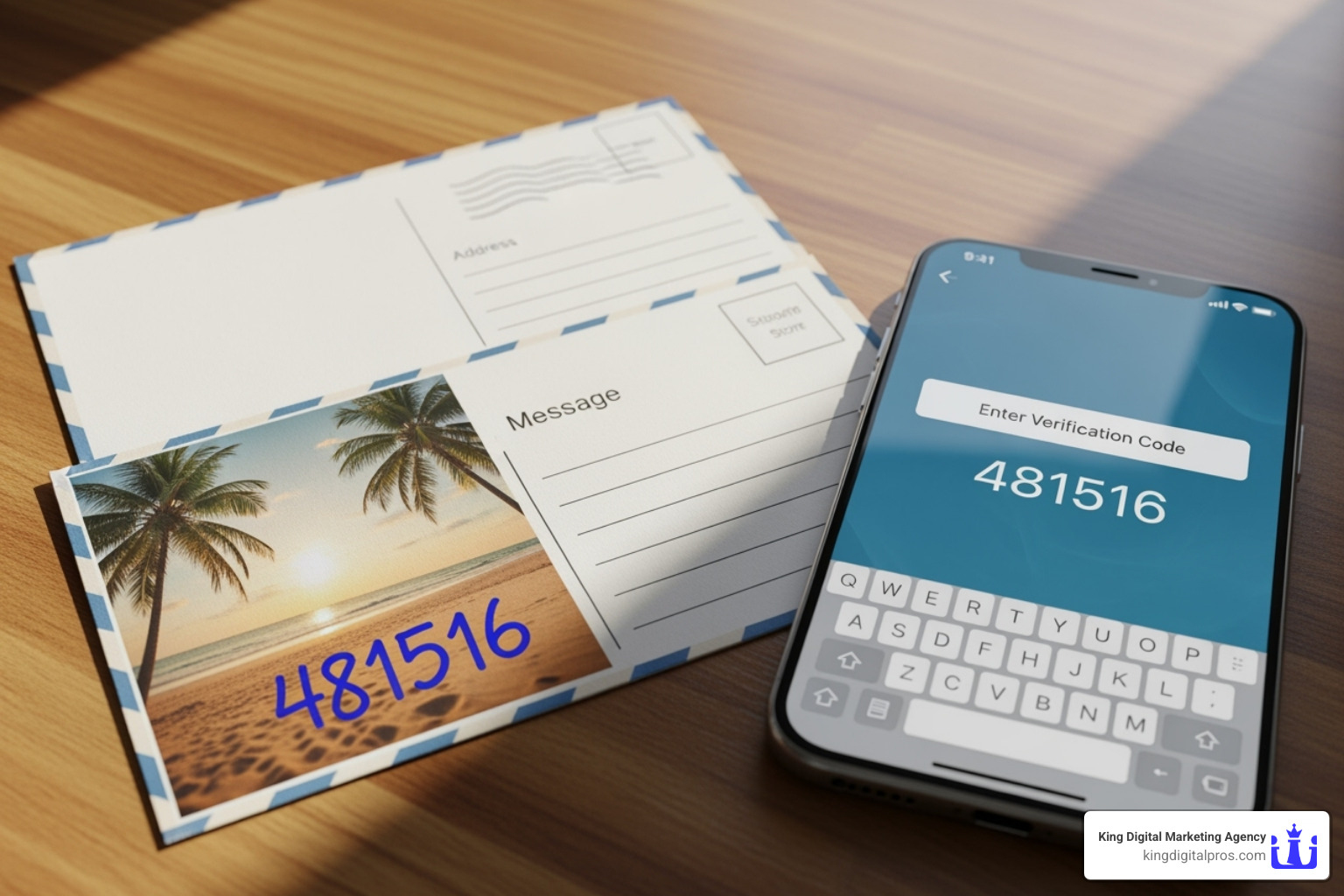 Google verification postcard next to a smartphone displaying the verification screen - Google My Business verification