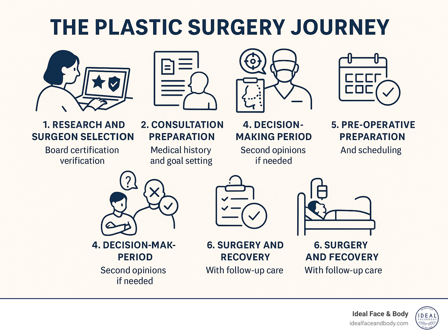 Infographic showing the 6 key phases of plastic surgery journey: 1. Research and surgeon selection with board certification verification, 2. Consultation preparation including medical history and goal setting, 3. In-depth consultation discussion covering procedures and risks, 4. Decision-making period with second opinions if needed, 5. Pre-operative preparation and scheduling, 6. Surgery and recovery with follow-up care - Consultation plastic surgery infographic 