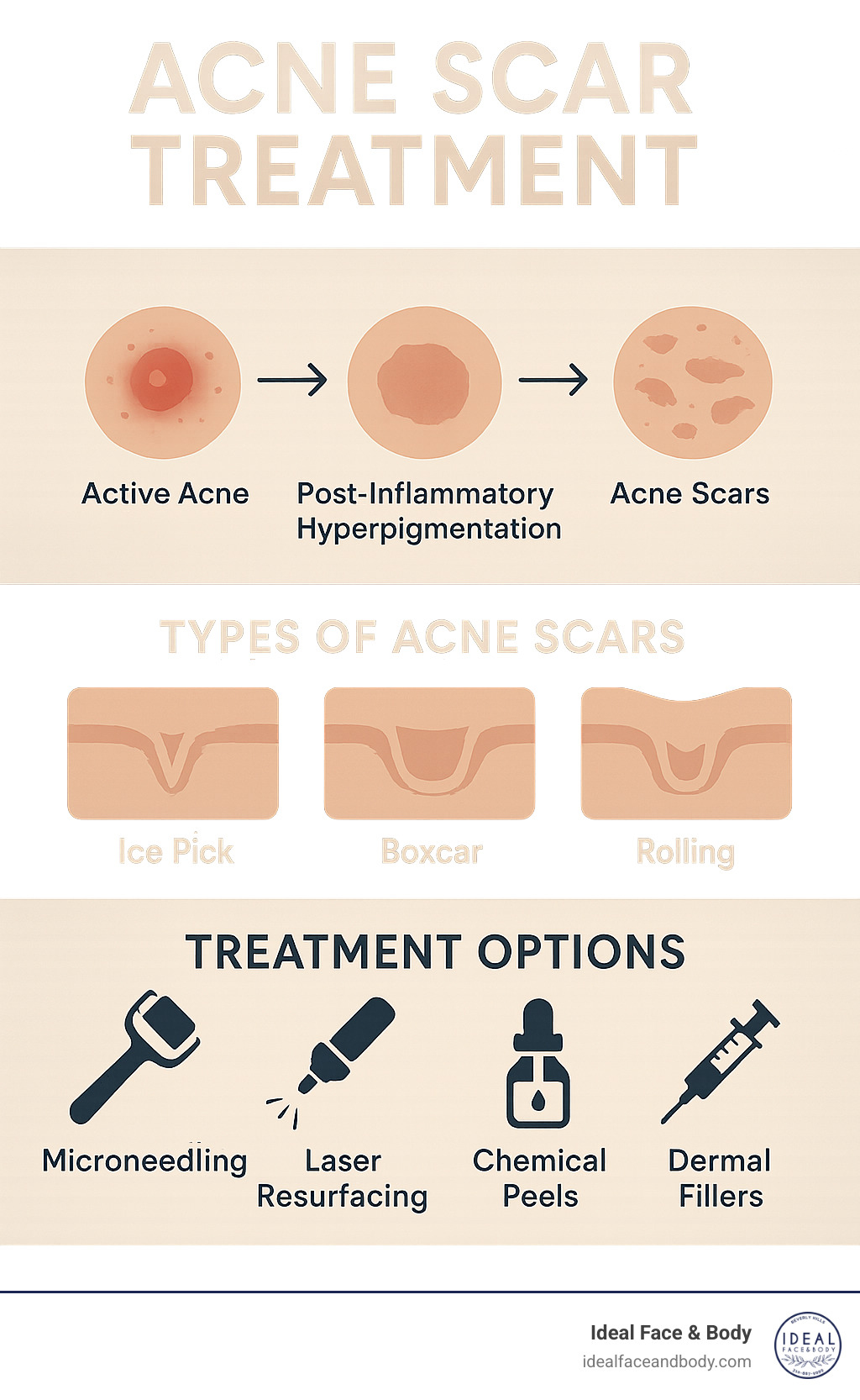Comprehensive infographic showing the progression from active acne to post-inflammatory hyperpigmentation to true acne scars, with visual examples of ice pick, boxcar, and rolling scar types, plus treatment options for each - acne scar treatment infographic 