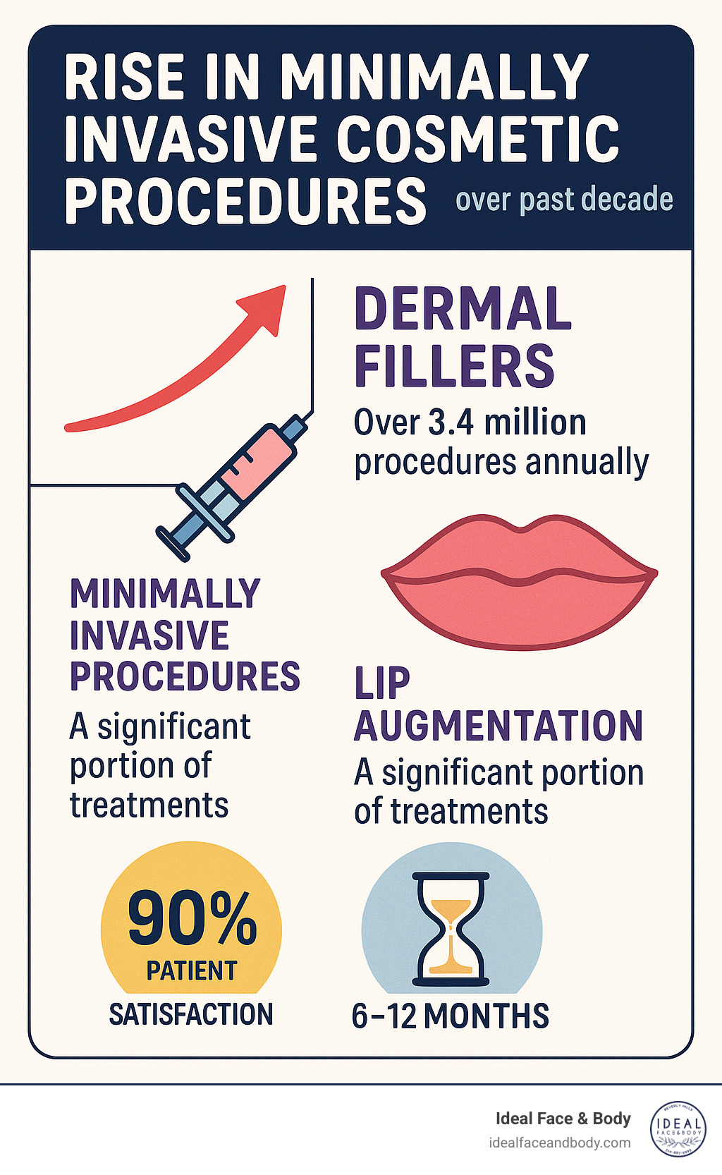 Infographic showing the rise in popularity of minimally invasive cosmetic procedures over the past decade, highlighting that dermal fillers account for over 3.4 million procedures annually, with lip augmentation representing a significant portion of these treatments, and displaying patient satisfaction rates and typical duration of results - lip augmentation before after infographic 