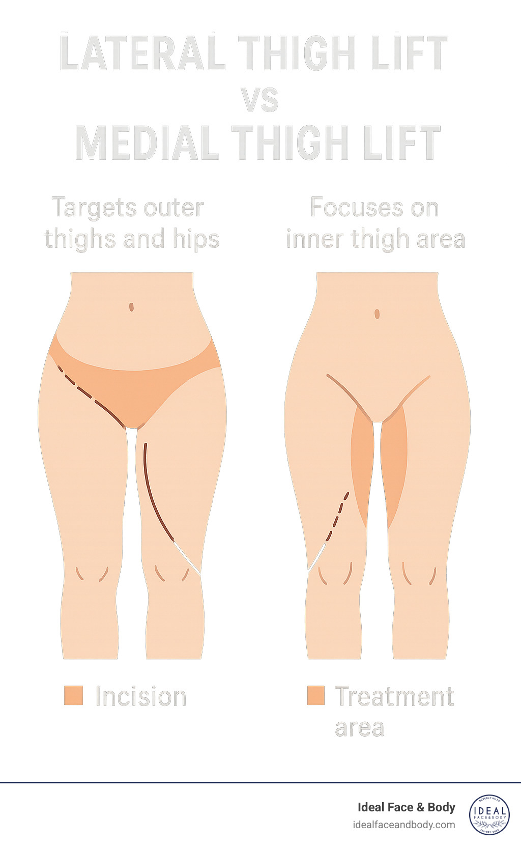 Infographic showing the difference between lateral thigh lift targeting outer thighs and hips versus medial thigh lift focusing on inner thigh area, with anatomical diagrams highlighting incision placements and treatment zones - Lateral thigh lift infographic 