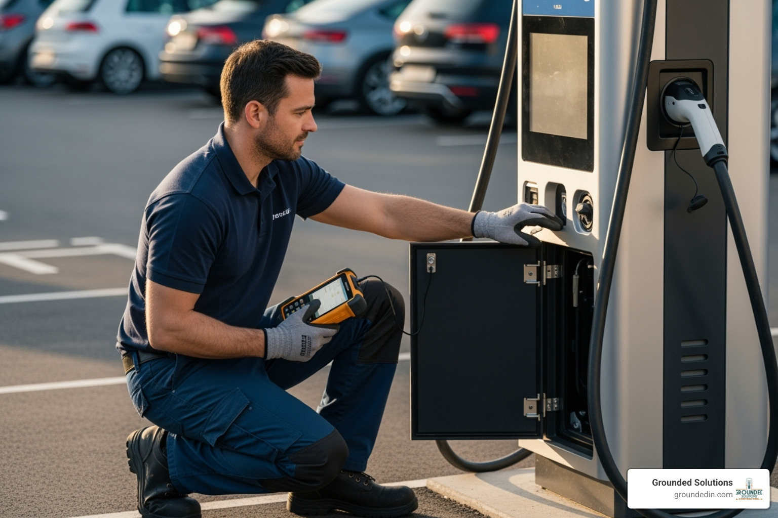 an electrician performing a diagnostic check on a commercial EV charger - electric vehicle charging point maintenance