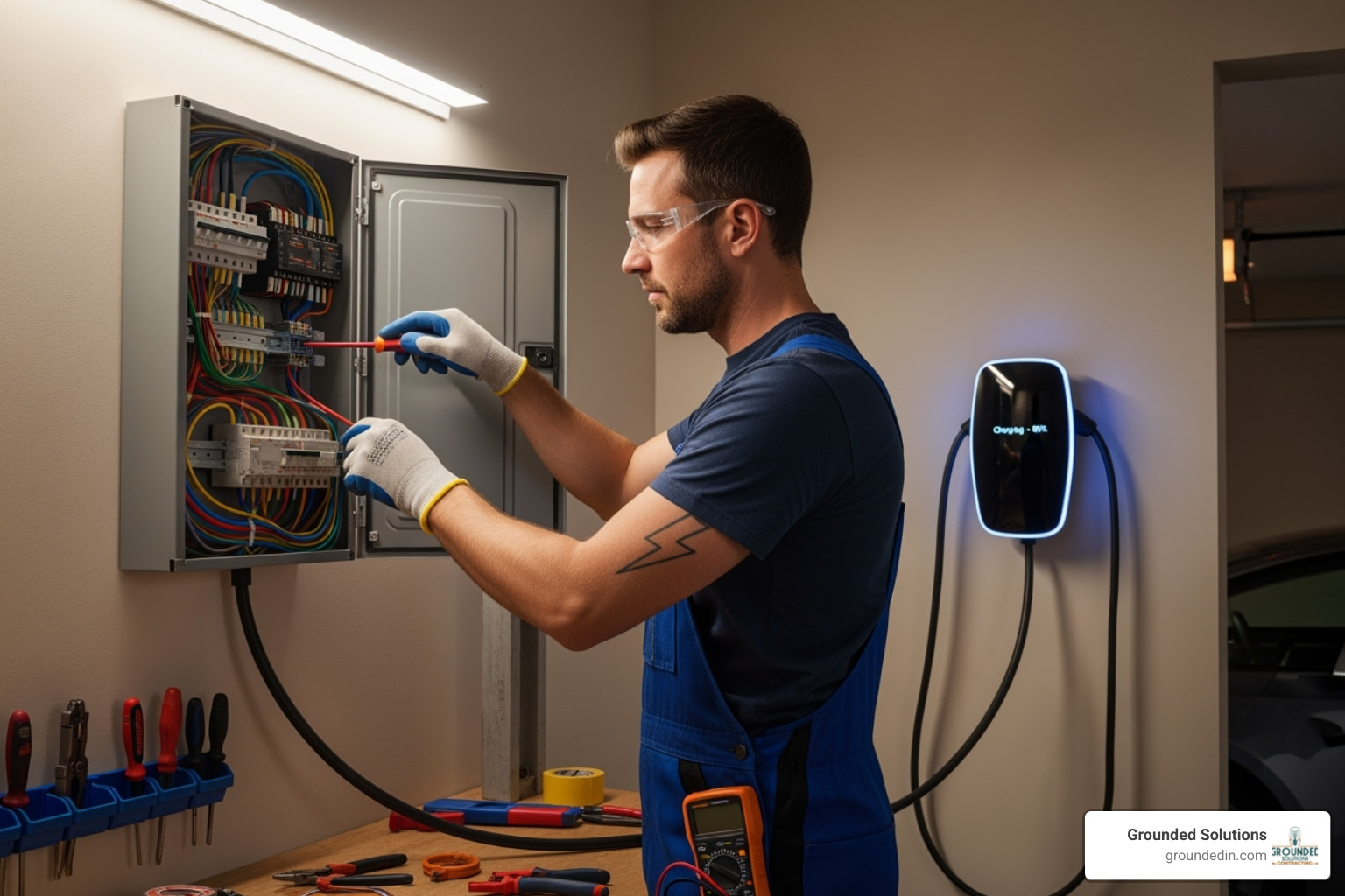 a certified electrician working on an electrical panel connected to an EV charger - electric vehicle charging point maintenance