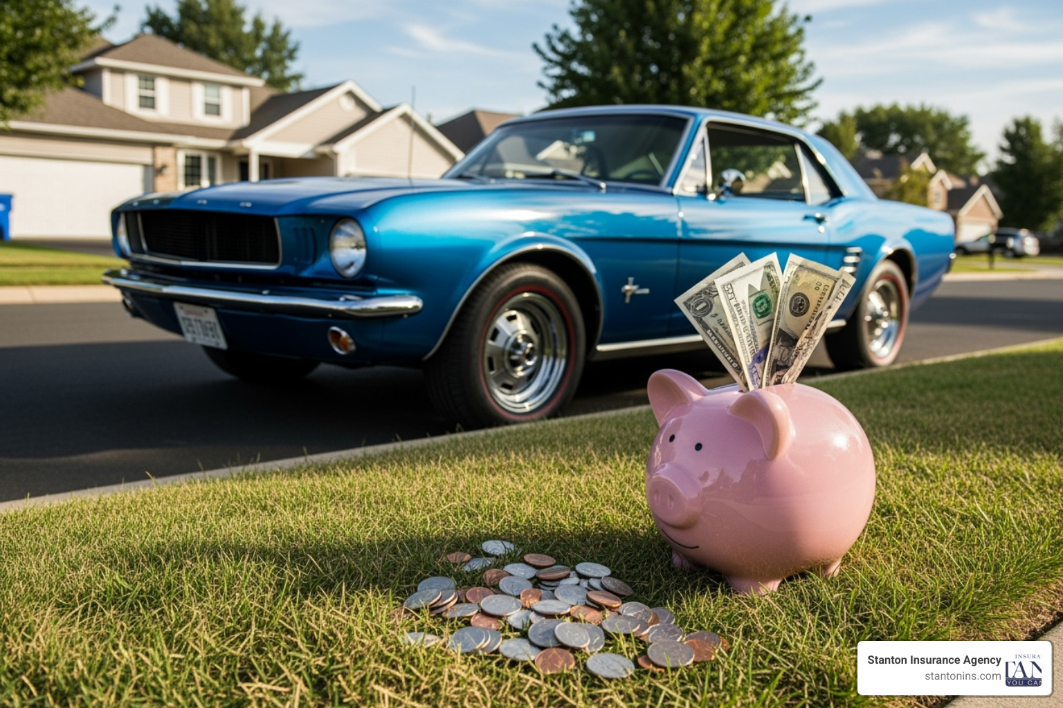 Older, paid-off car next to a piggy bank, illustrating the concept of saving on premiums - how much does liability only car insurance cost