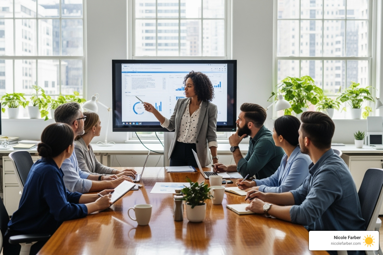 diverse and engaged team looking collaboratively at a project, with a person in the center guiding the discussion - how to become a good leader at work