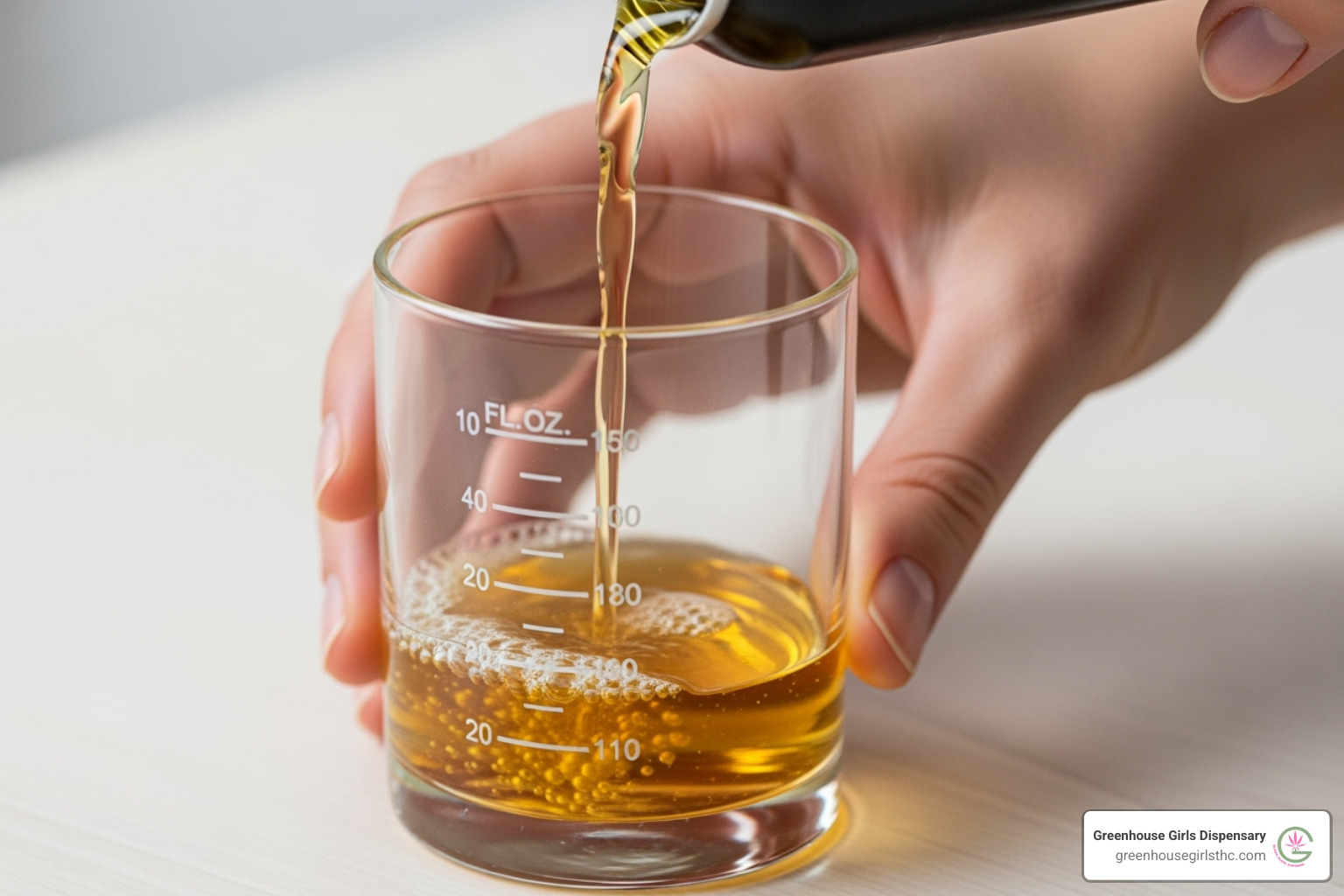 person pouring a single serving of a cannabis drink into a glass with measurement lines - Legal cannabis drink
