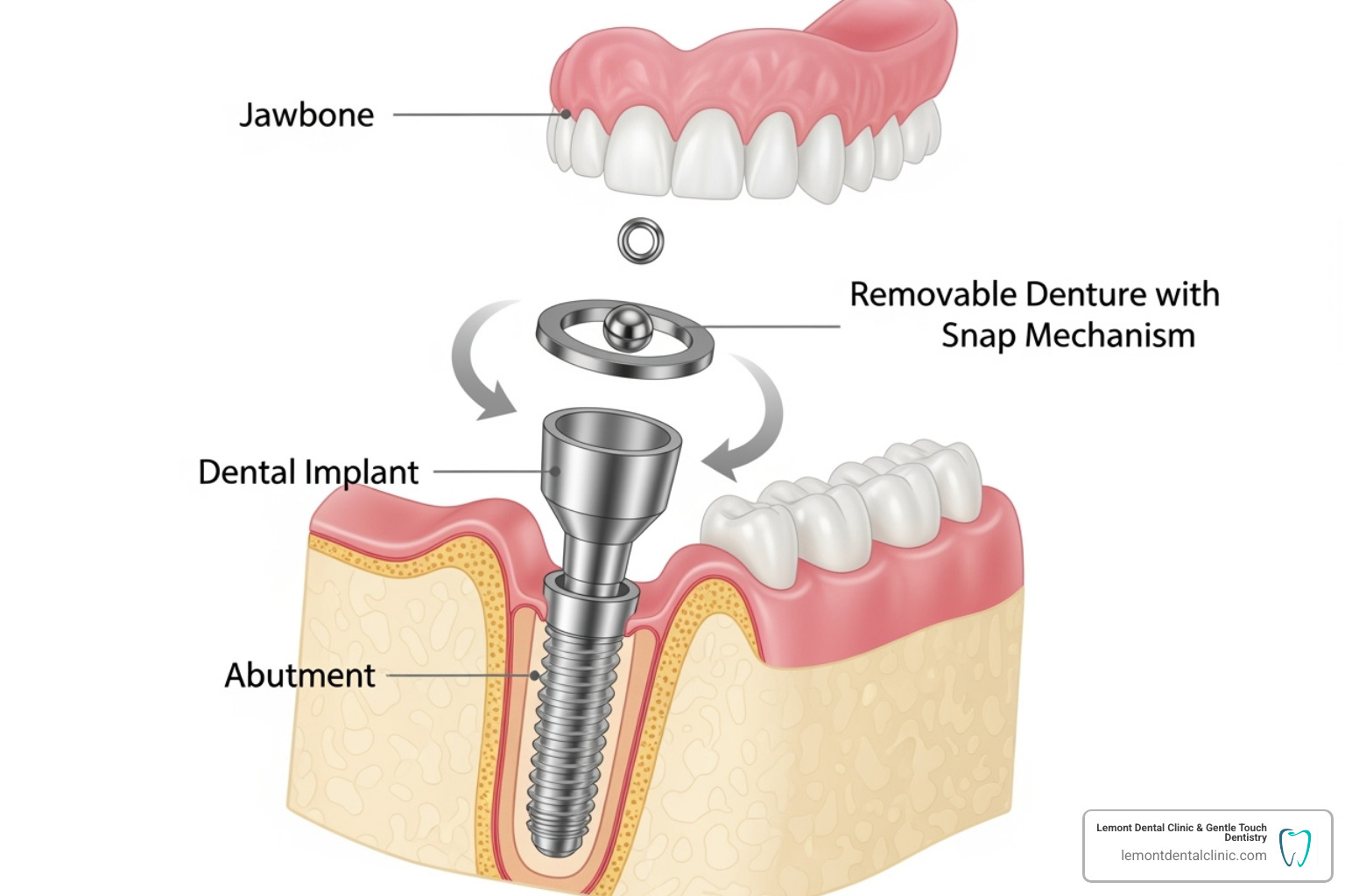 Diagram showing the implant, abutment, and denture components - snap on dentures near me