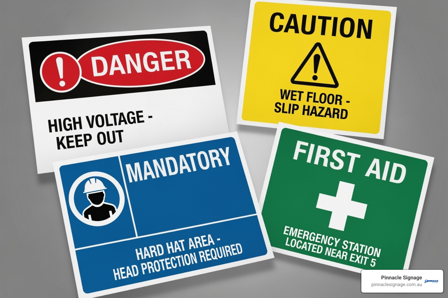 A collage of various safety signs commonly found in warehouses, including a red Danger sign, a yellow Caution sign, a blue Mandatory sign, and a green First Aid sign, demonstrating the different colours and symbols used for distinct safety messages. - Warehouse safety signs A collage of various safety signs commonly found in warehouses, including a red Danger sign, a yellow Caution sign, a blue Mandatory sign, and a green First Aid sign, demonstrating the different colours and symbols used for distinct safety messages. - Warehouse safety signs