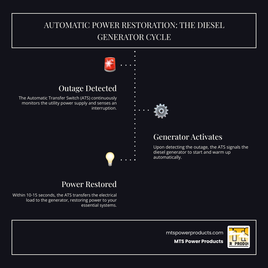 Infographic showing automatic transfer switch detecting power outage, diesel generator starting automatically, and power being restored to essential systems within 10-15 seconds during an emergency - diesel backup generators infographic infographic-line-3-steps-dark